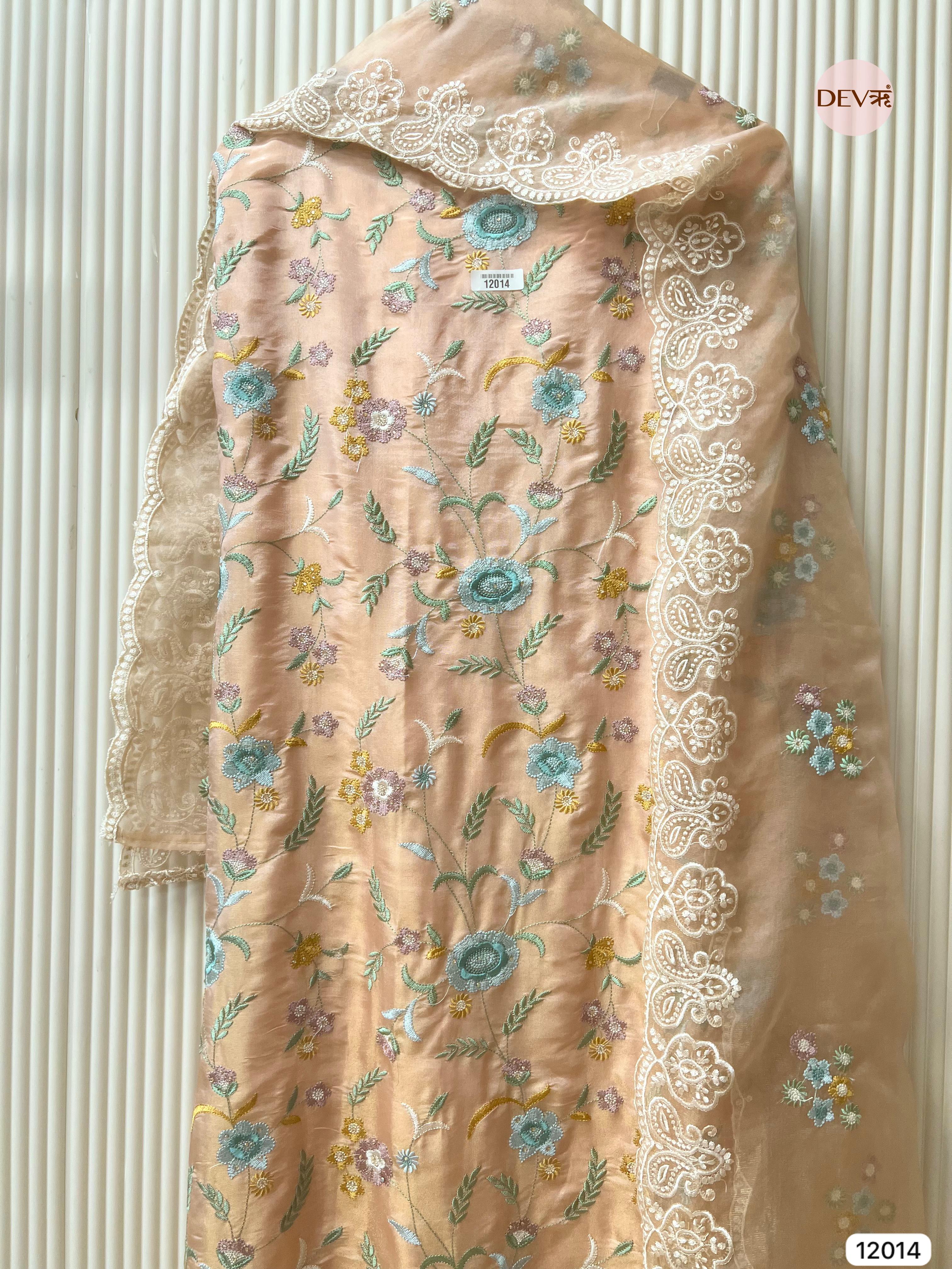 Beige Shimmer Tissue Silk Unstitched Embroidered -Set Of 3- {12014}