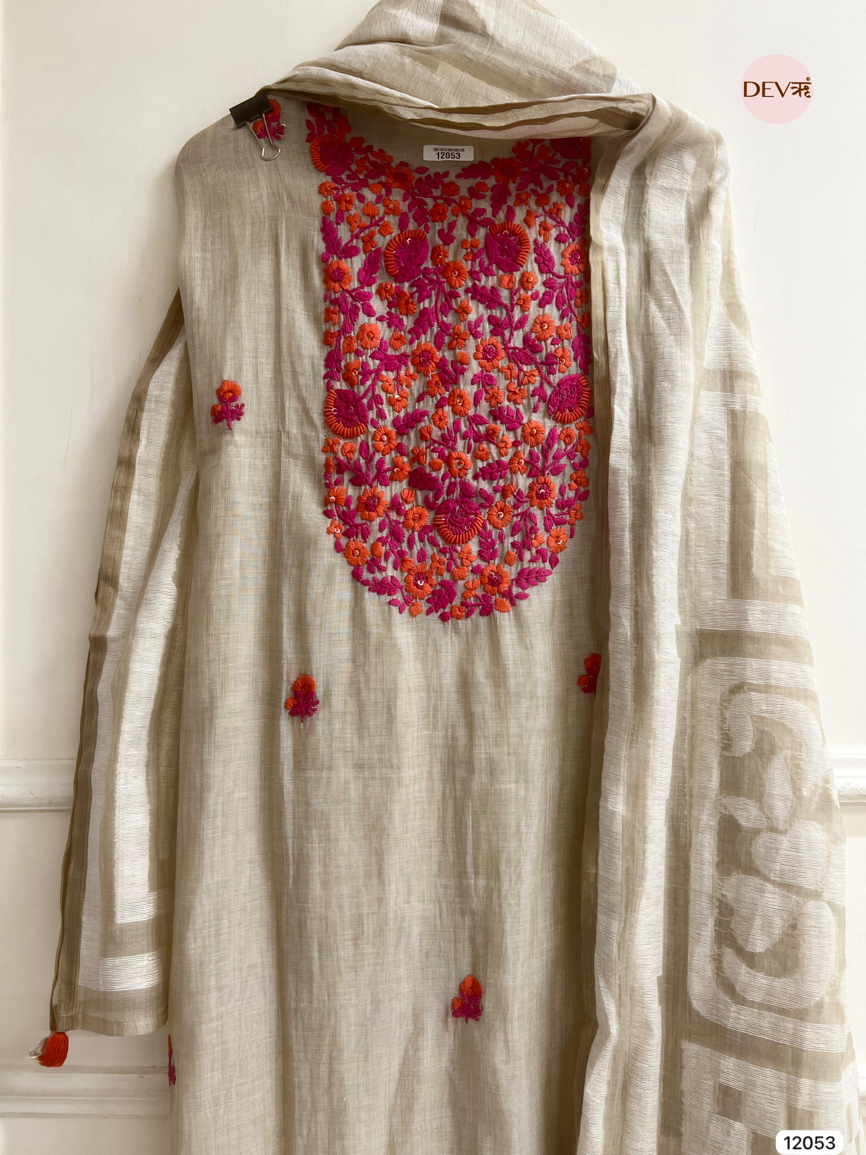 Of White Pure Khadi Silk Unstitched Embroidered -Set Of 3 - {12053}
