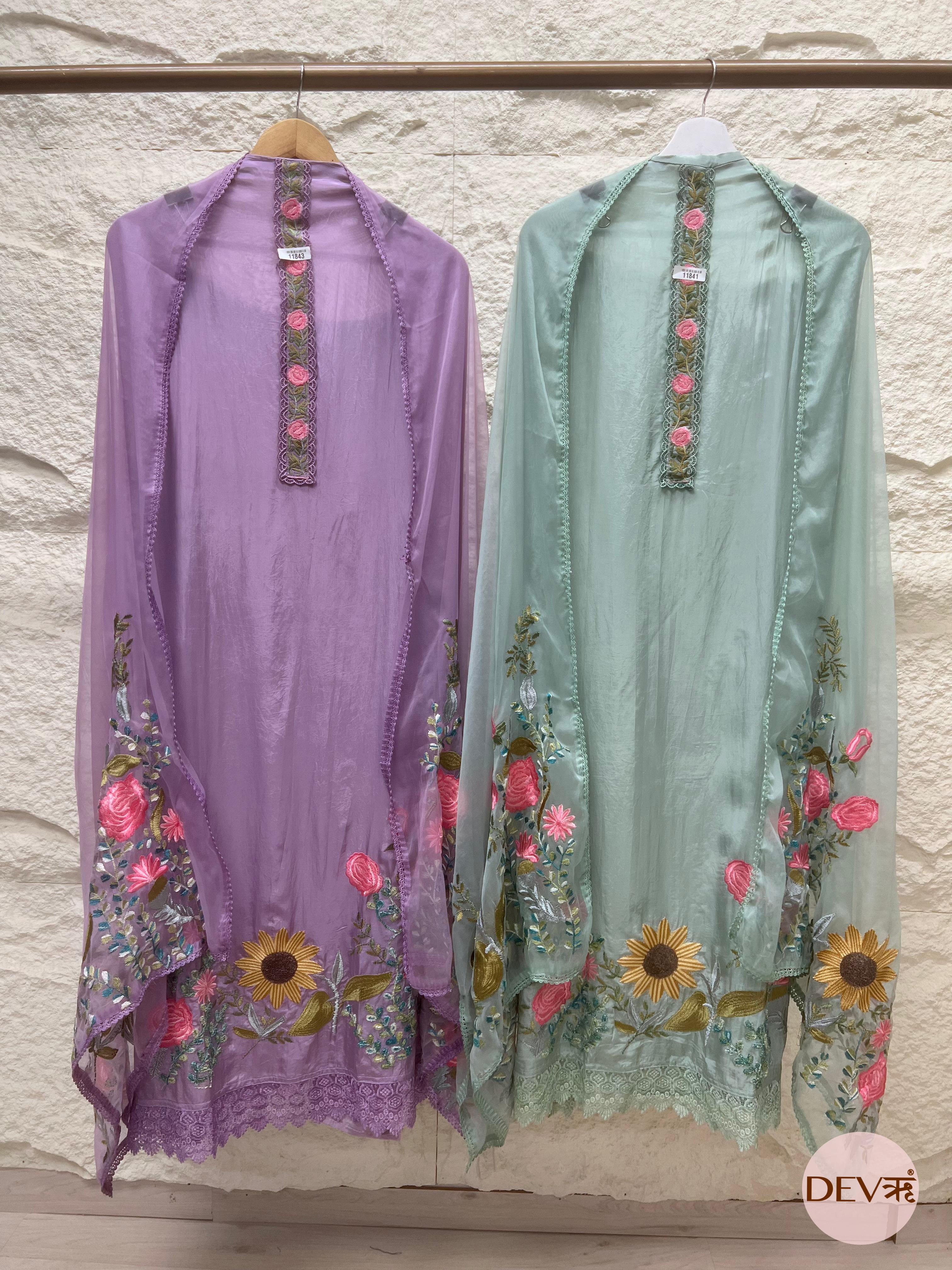 Green Organza silk unstitched embroidered -Set Of 3- {11841}