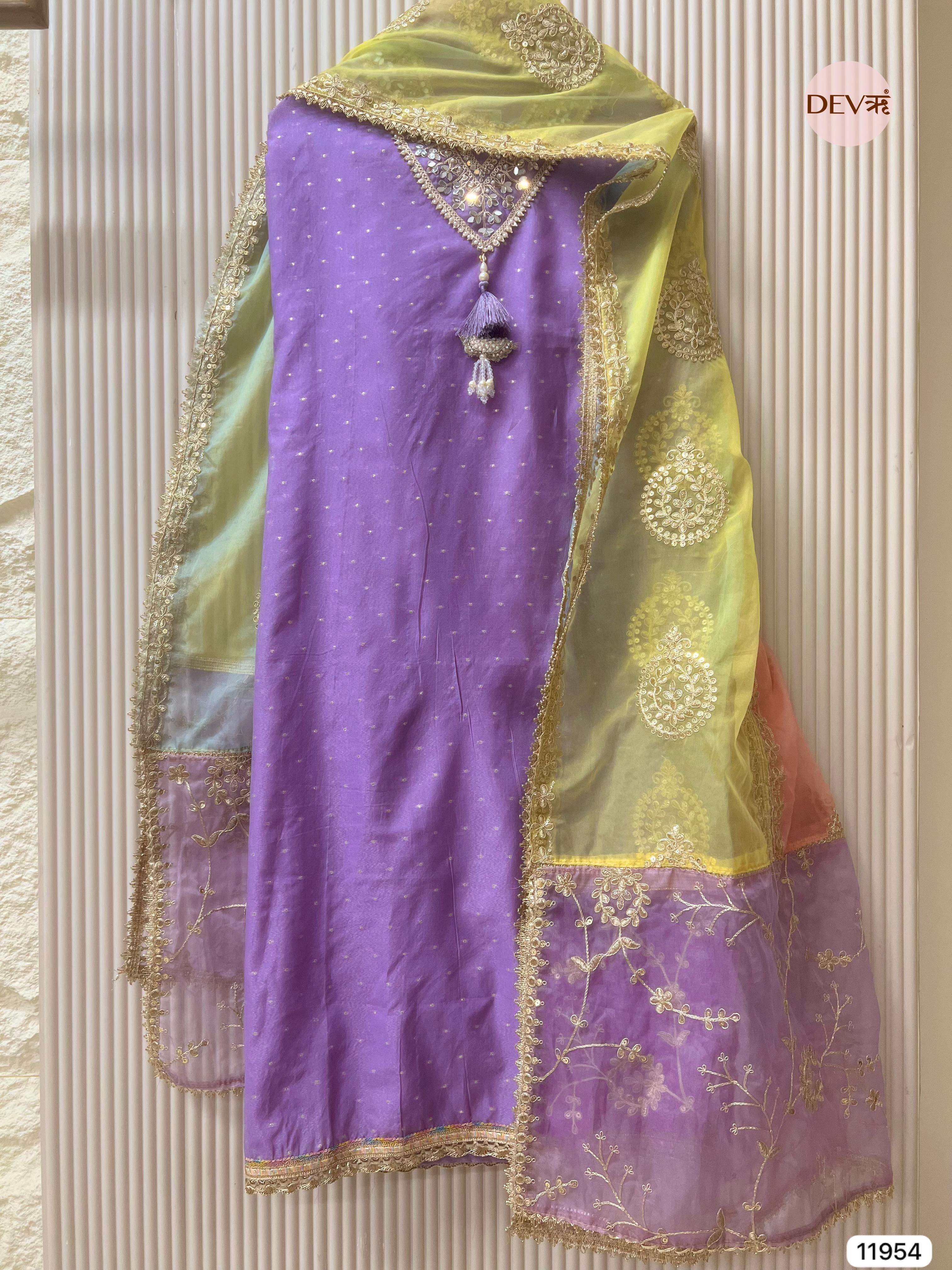 Purple Pure Shimmer Tissue Silk Unstitched Hand Embroidered -Set Of 3 - {11954}
