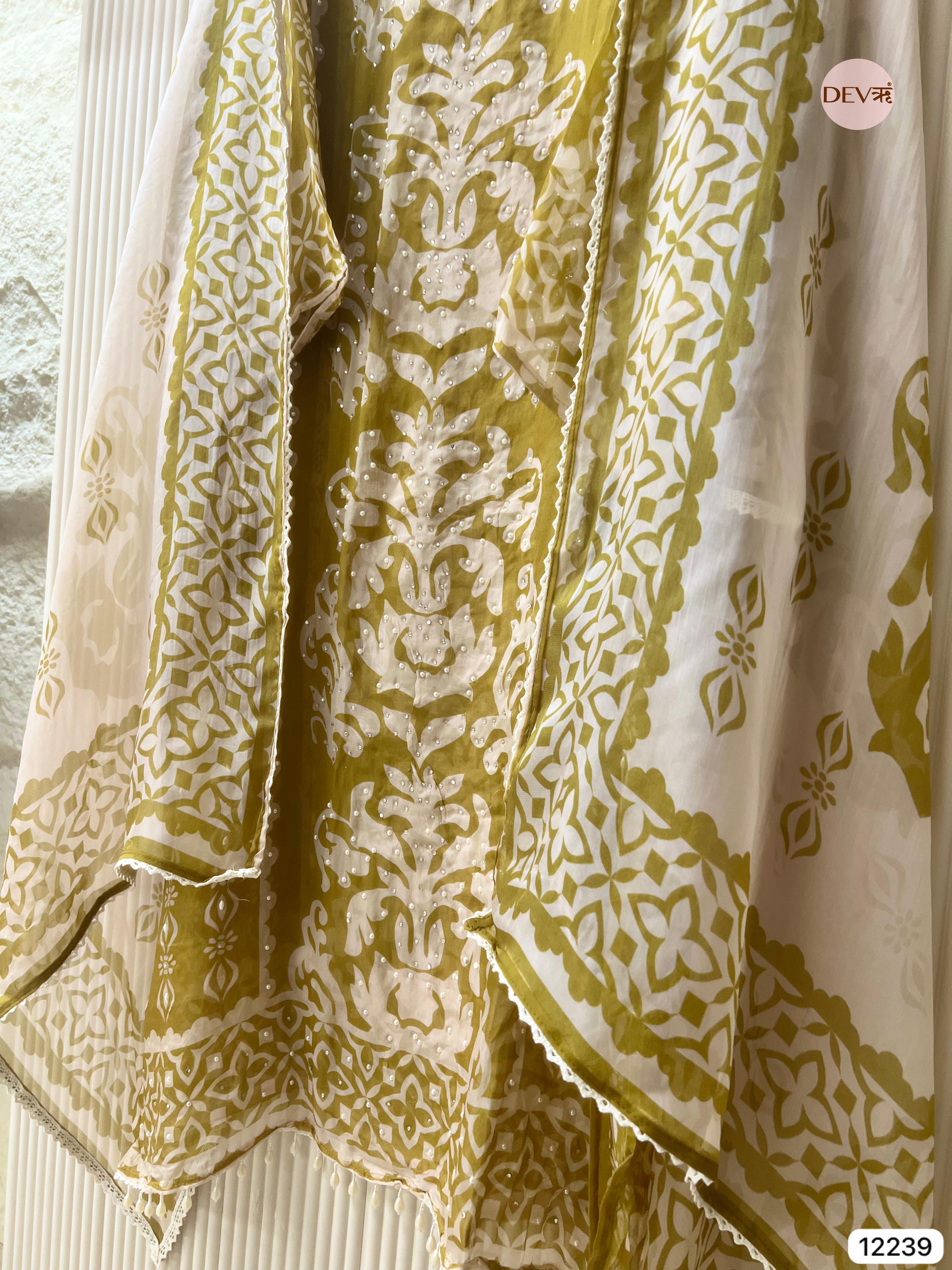 Olive Organza Printed Unstitched 3-Piece Suit (Devri – D.No 12239)