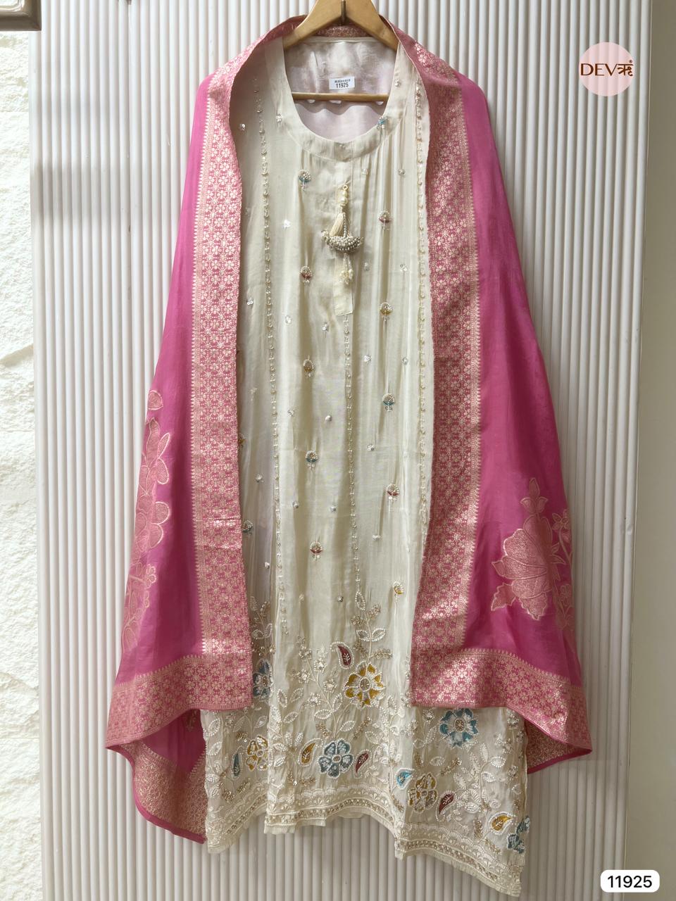 Cream Colour Tissue Shimmer Silk Unstitched Hand Embroidered -Set Of 3 - {11925}