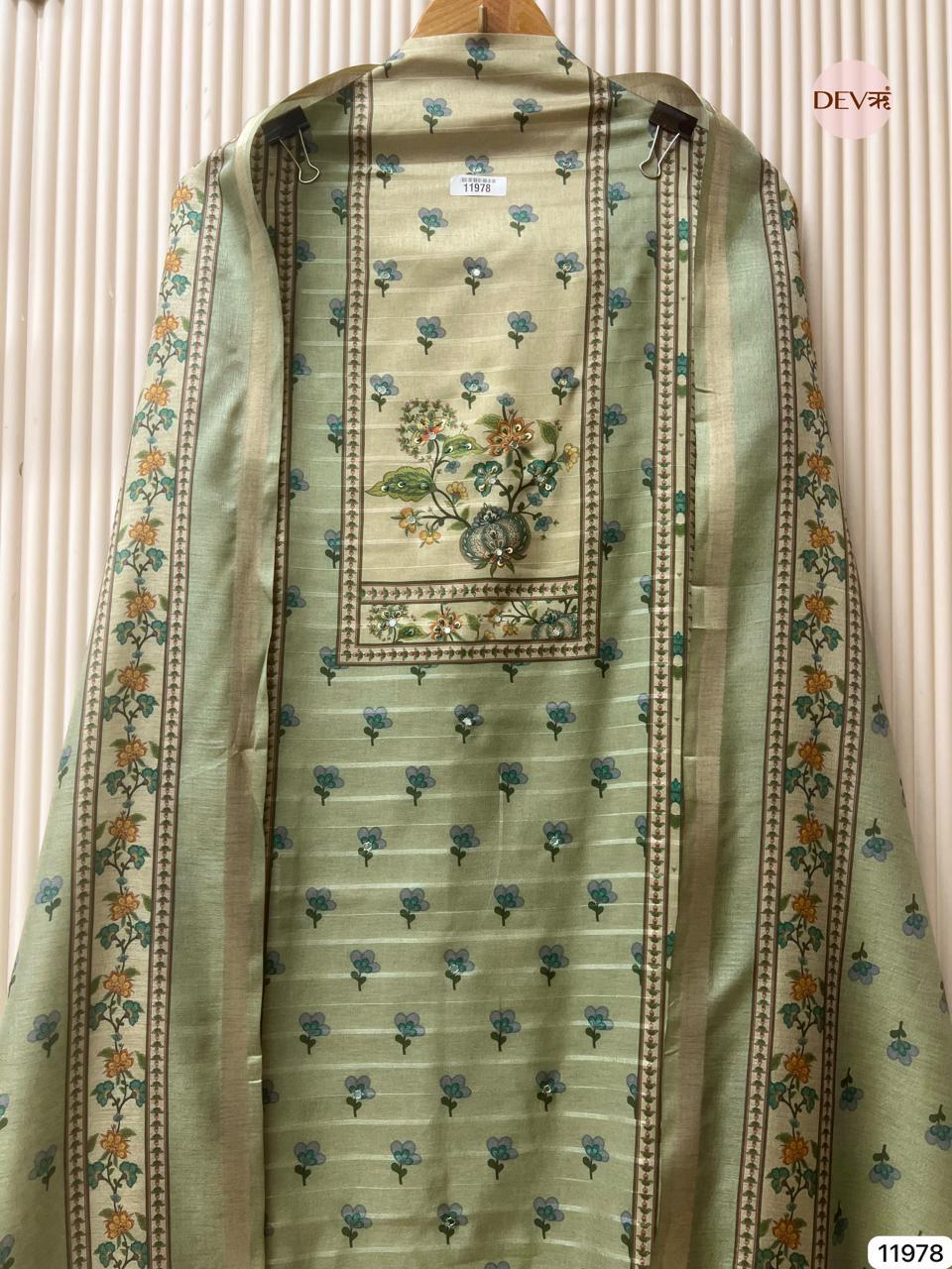 Sage Green Tusser Silk Hand-Embroidered Unstitched 3-Piece Suit (Devri – D.No 11978)