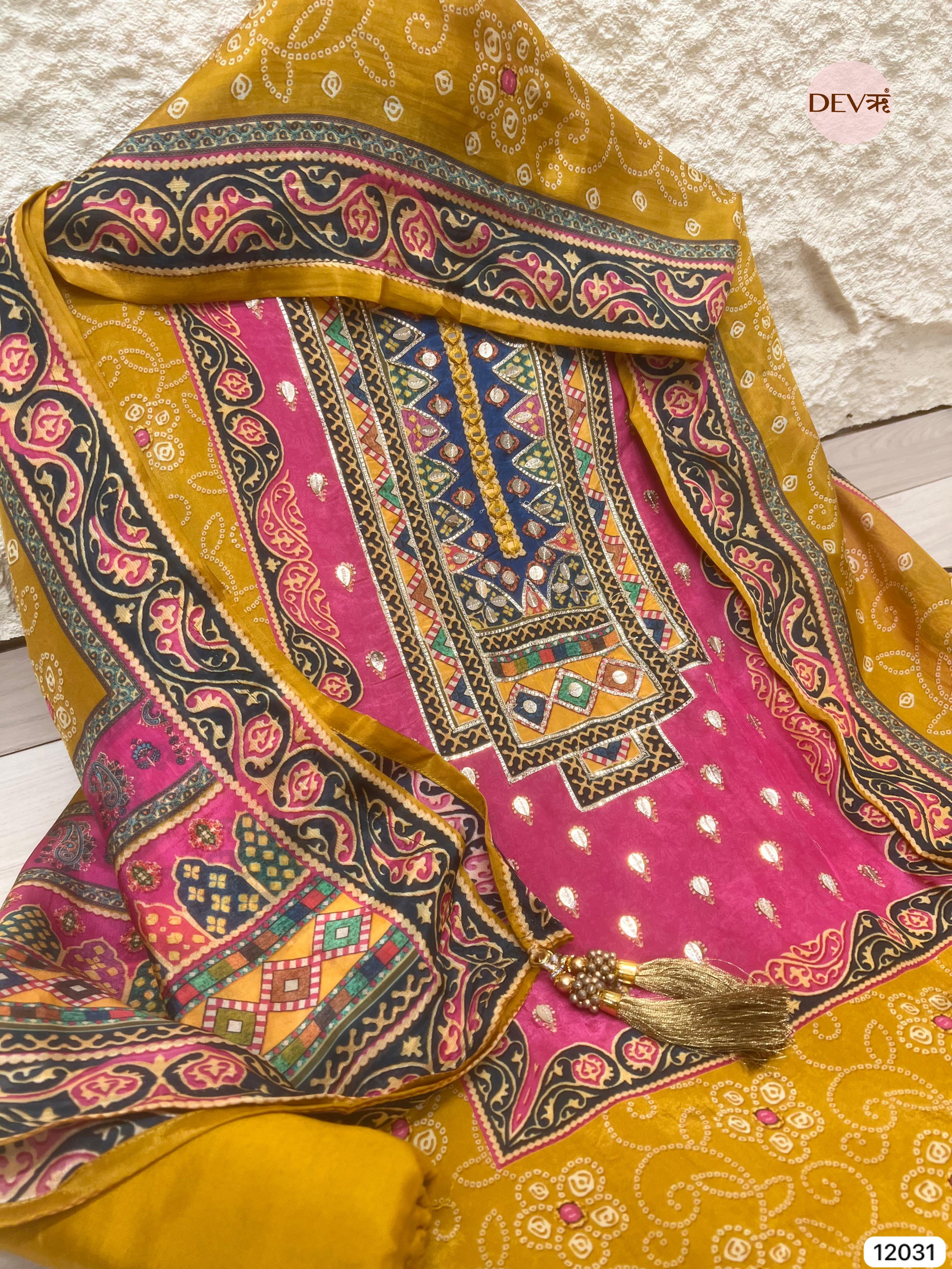 Yellow Pure Glass Silk Unstitched Printed Hand Embroidered -Set Of 3 - {12031}