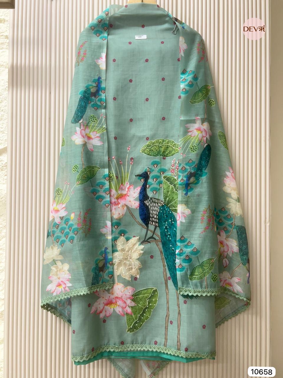 Sea Green Linen Printed Unstitched 3-Piece Suit (Devri – D.No 10658)