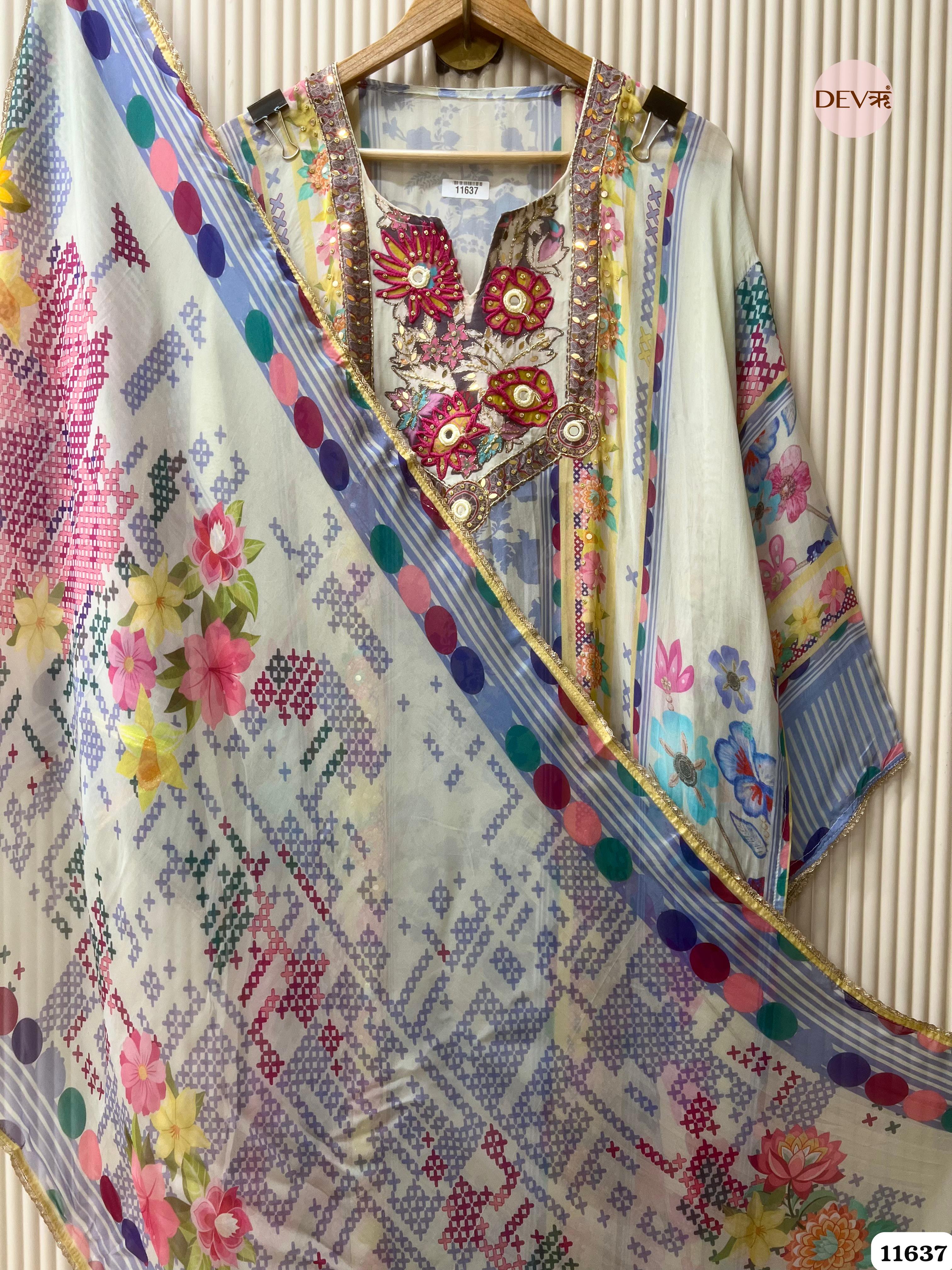 Blue Organza Printed Semi Stitched Hand Embroidered -Set Of 3 {11637}