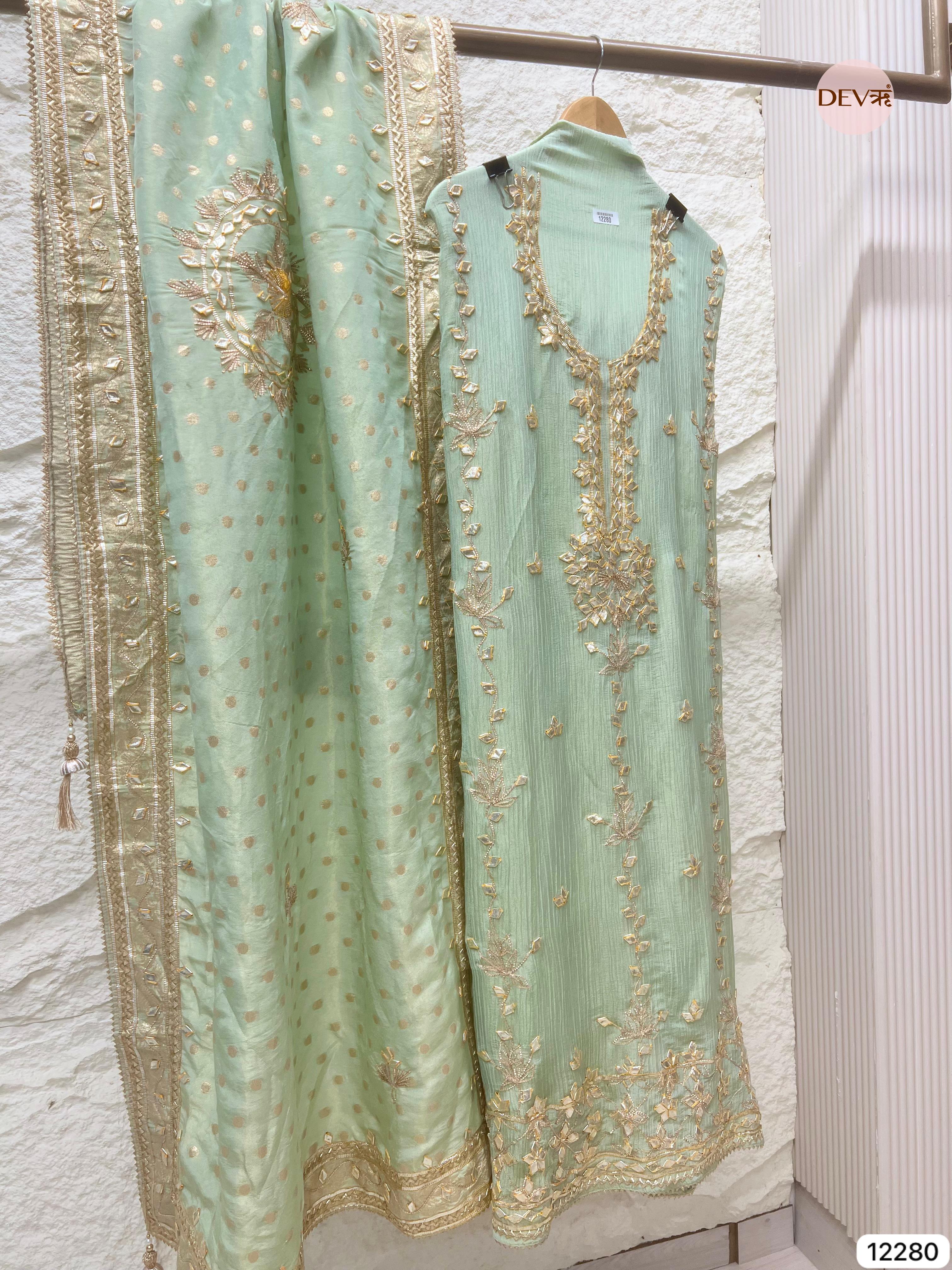 Green Pure Chinon Unstitched Hand Embroidered -Set Of 3 - {12280}