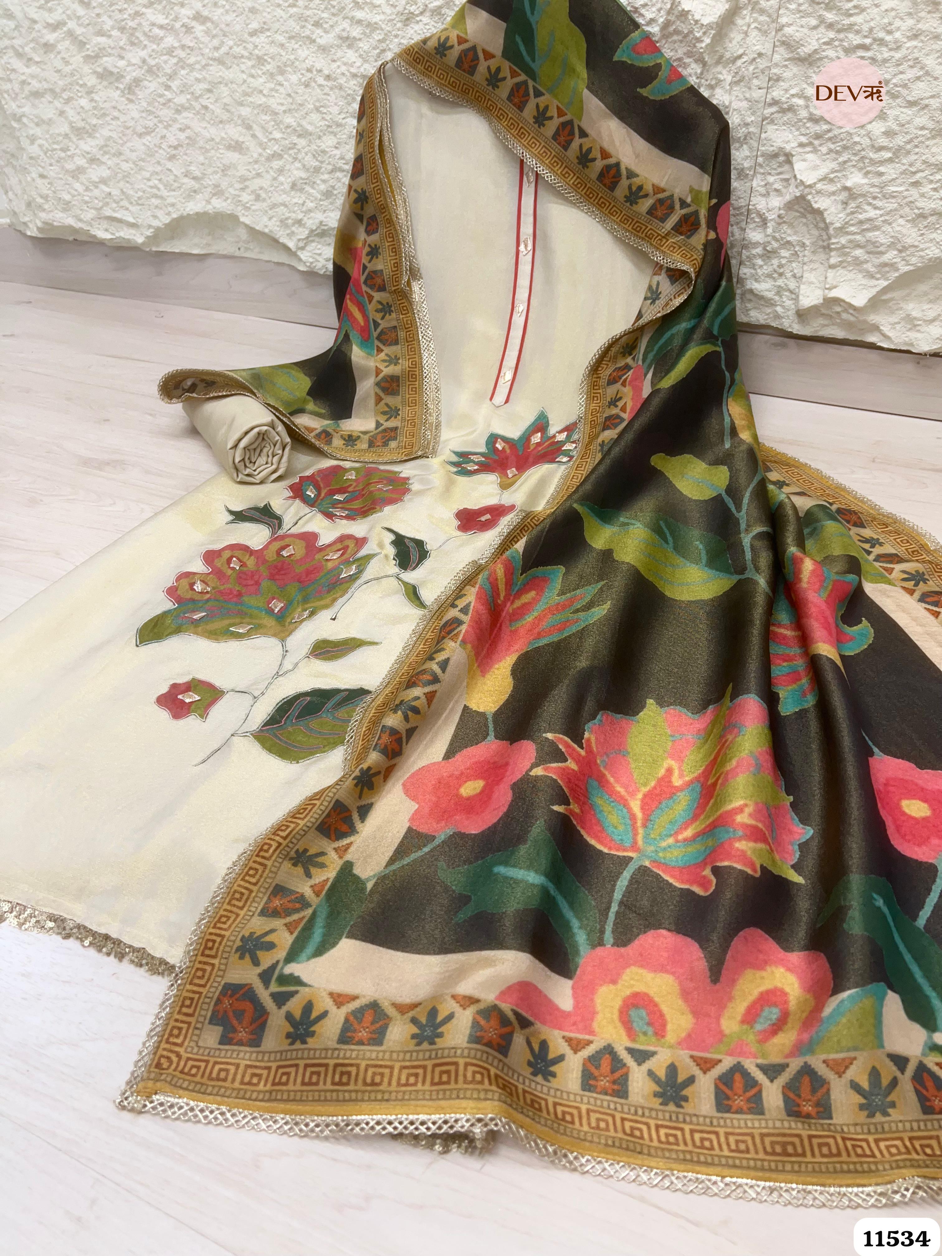Off White Tissue Silk Unstitched Applique Work Hand Embroidered -Set Of 3 {11534}