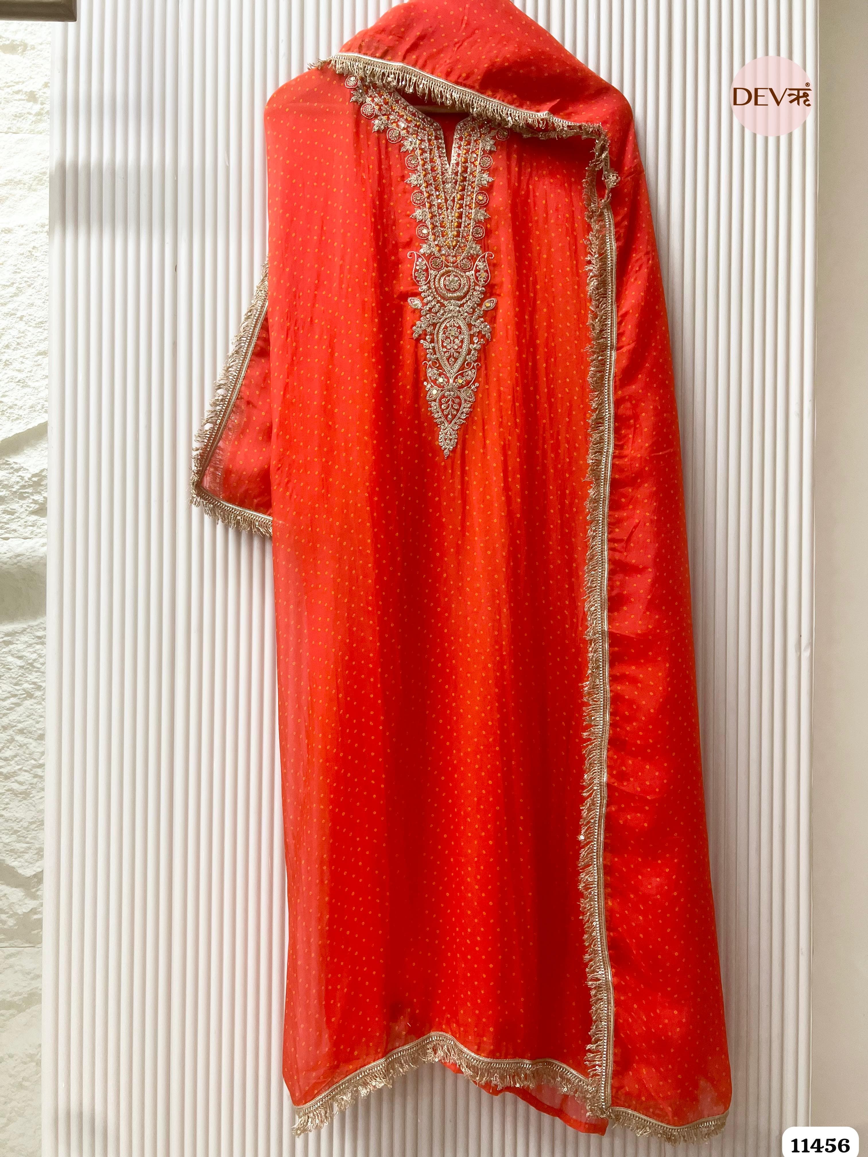 Bright Reddish-Orange Pure Organza Printed Hand Embroidered -Set Of 3 {11456}