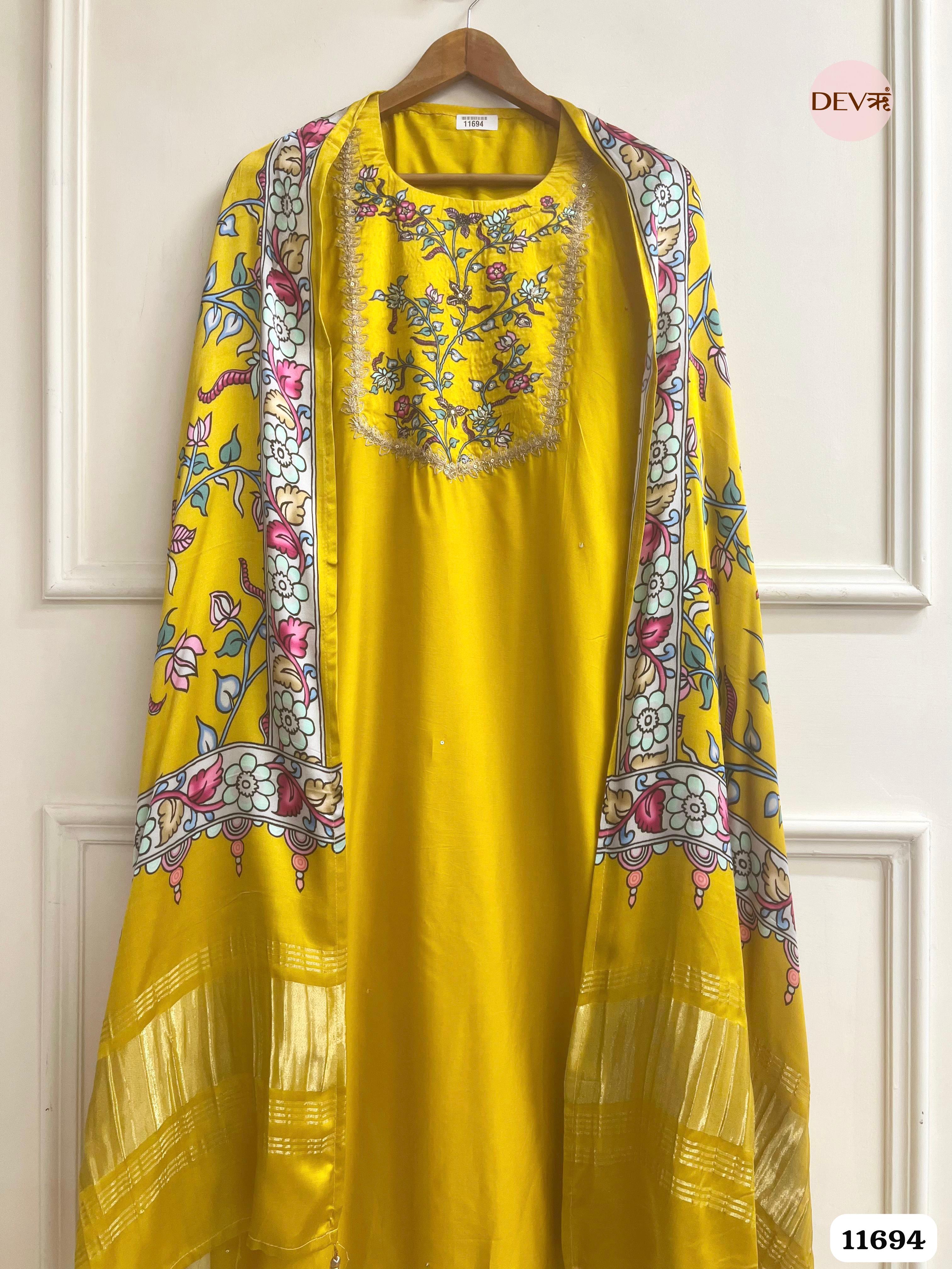 Yellow Russian Silk Unstitched Embroidered -Set Of 3 {11694}