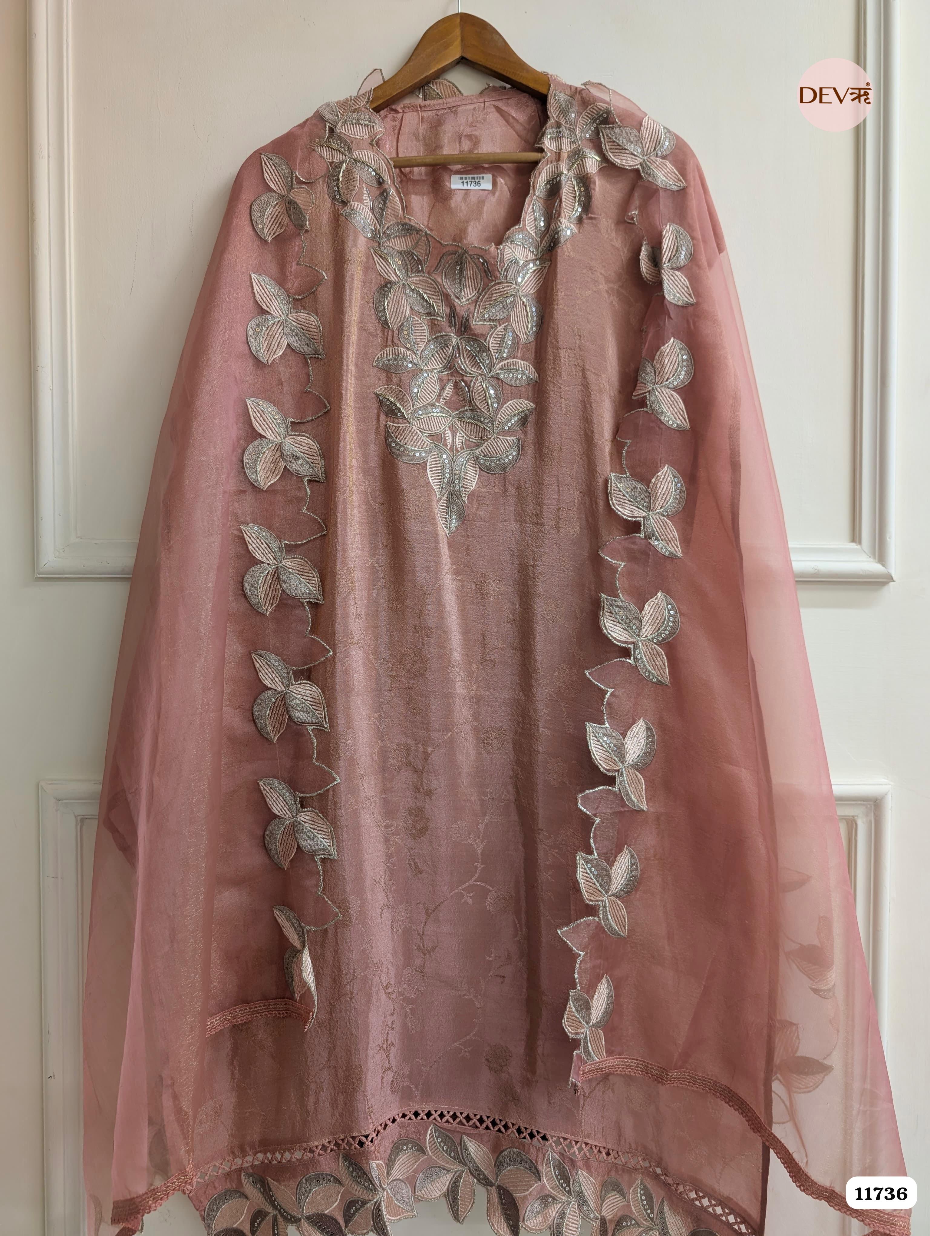 Pink Tissue Silk Woven Unstitched Embroidered -Set Of 3 {11736}