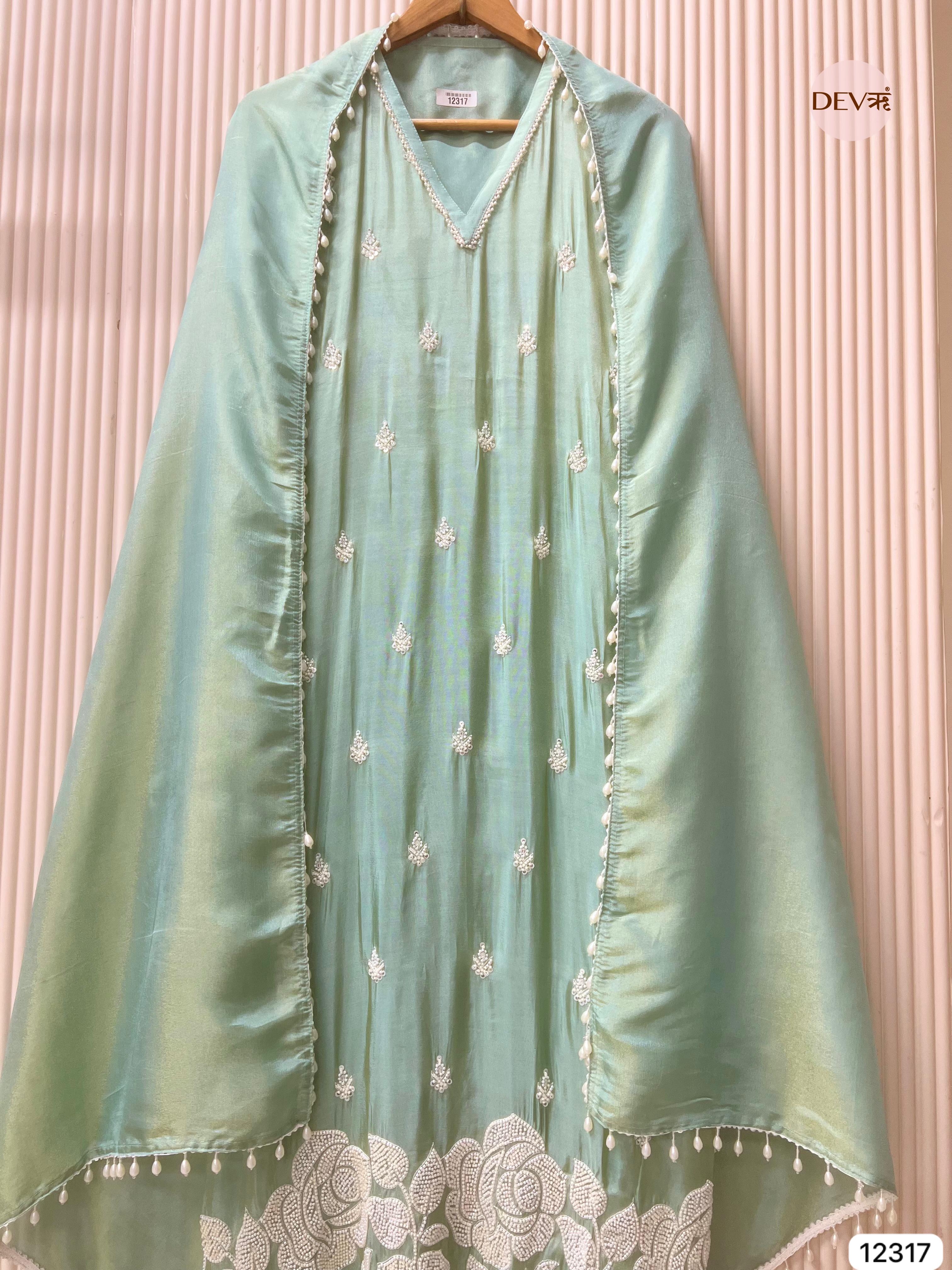 Mint Green Shimmer Silk Embroidered Unstitched 3-Piece Suit (Devri – D.No 12317)