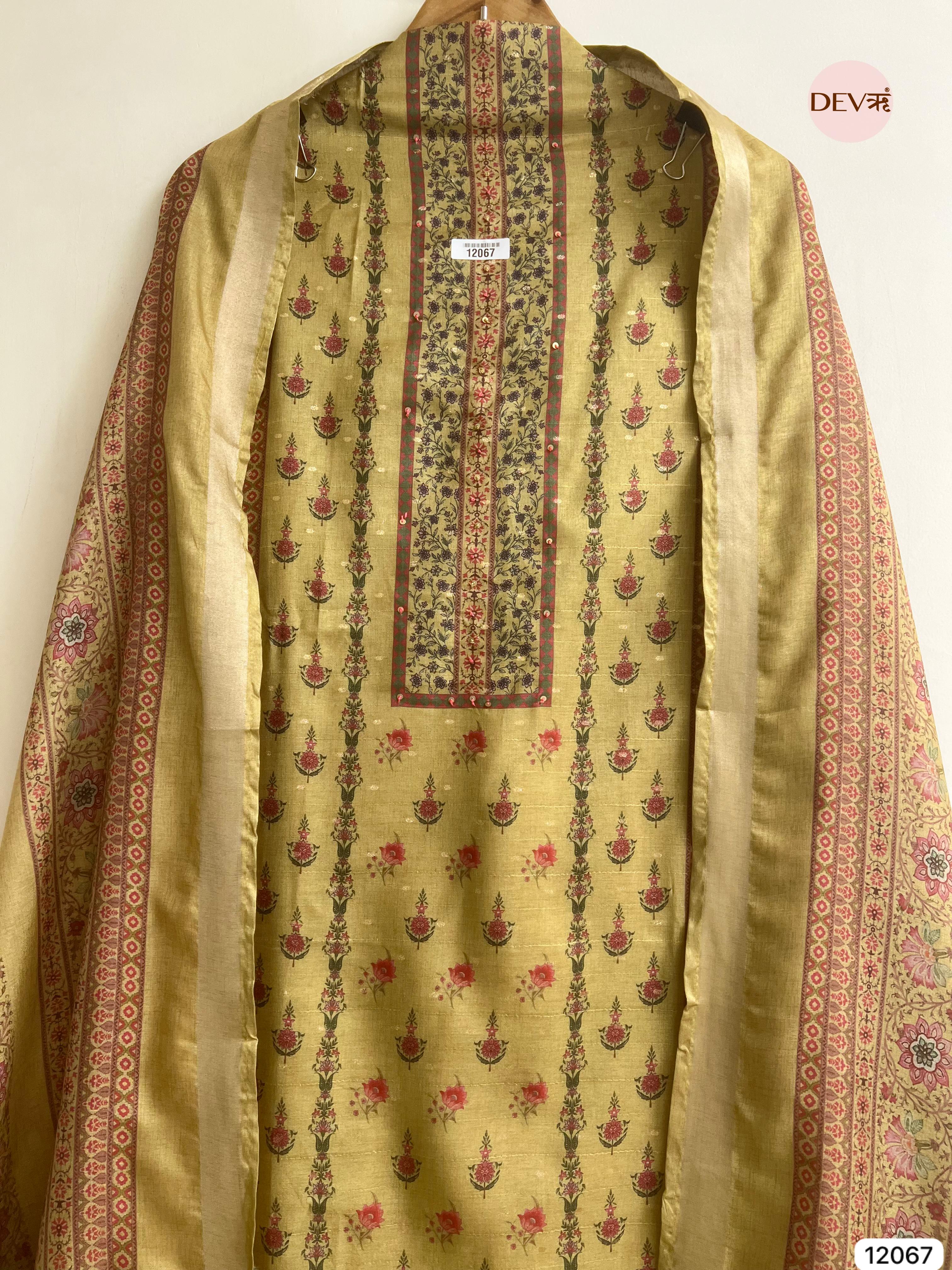 Yellow Raw Handloom Silk Unstitched Designer Printed With Hand Embroidery -Set Of 3 - {12067}