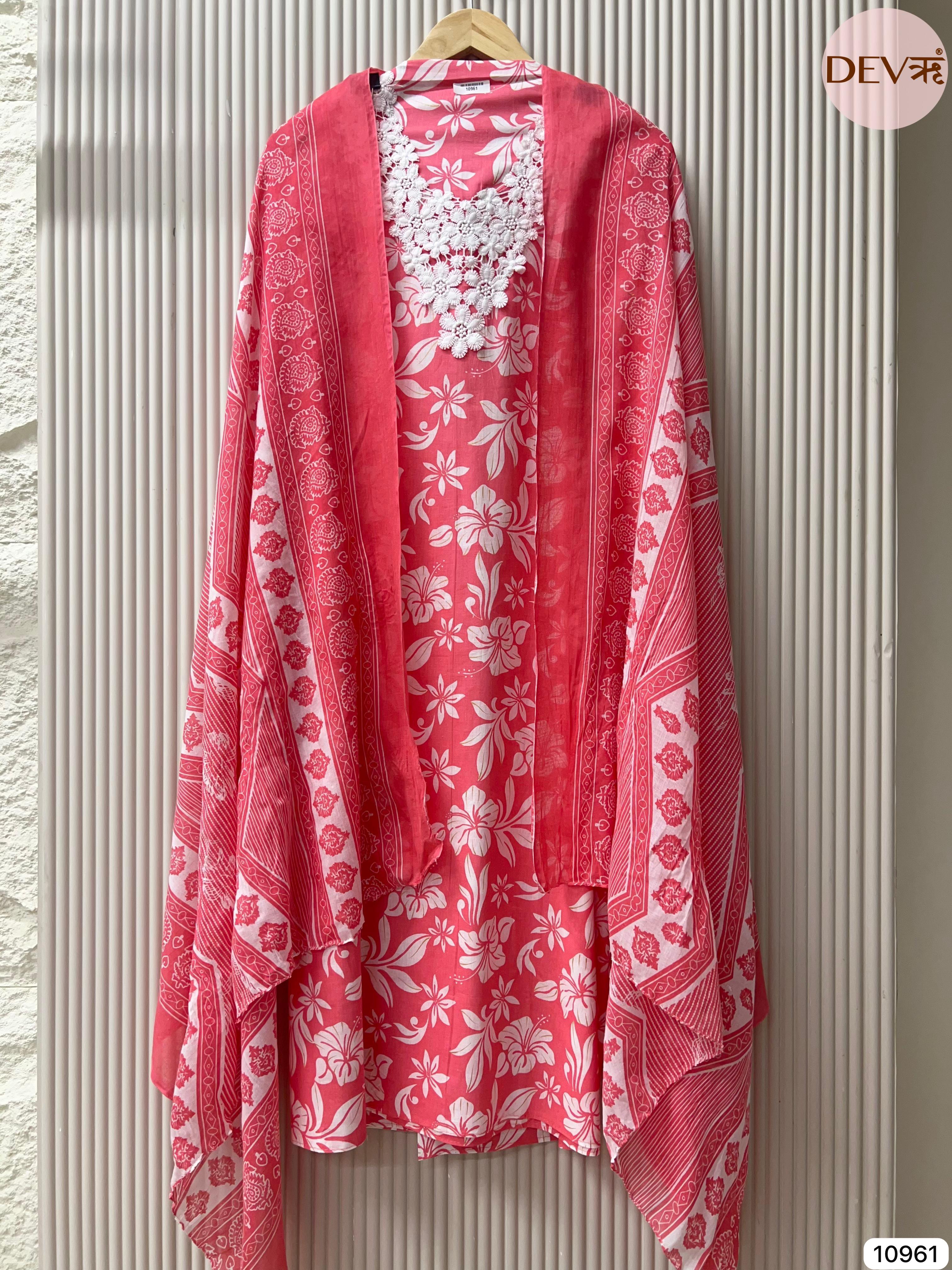 Pink cotton unstitched printed -set of 3