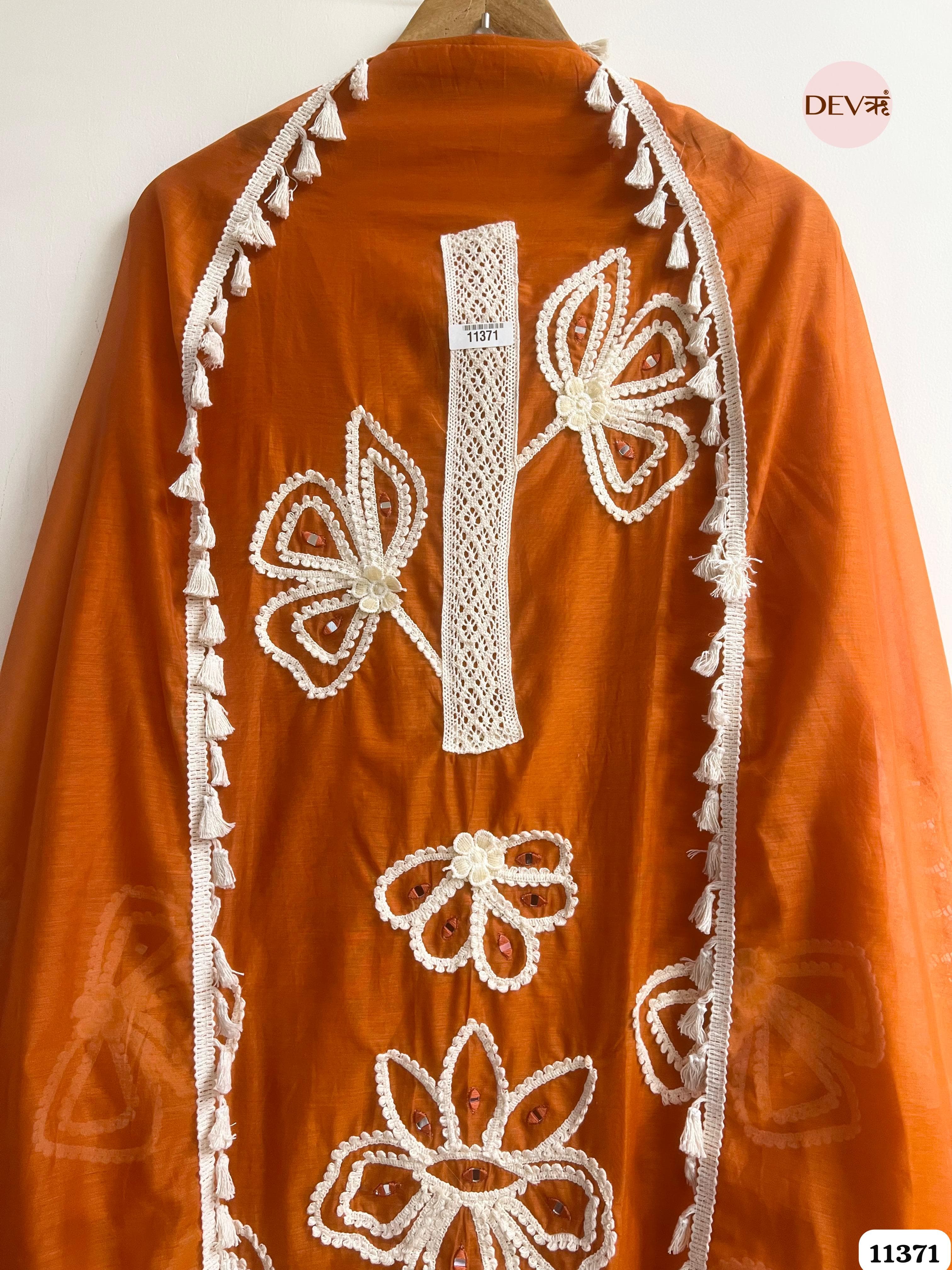 Brown Mul Chanderi Unstitched Hand Embroidered -Set Of 3 {11371}
