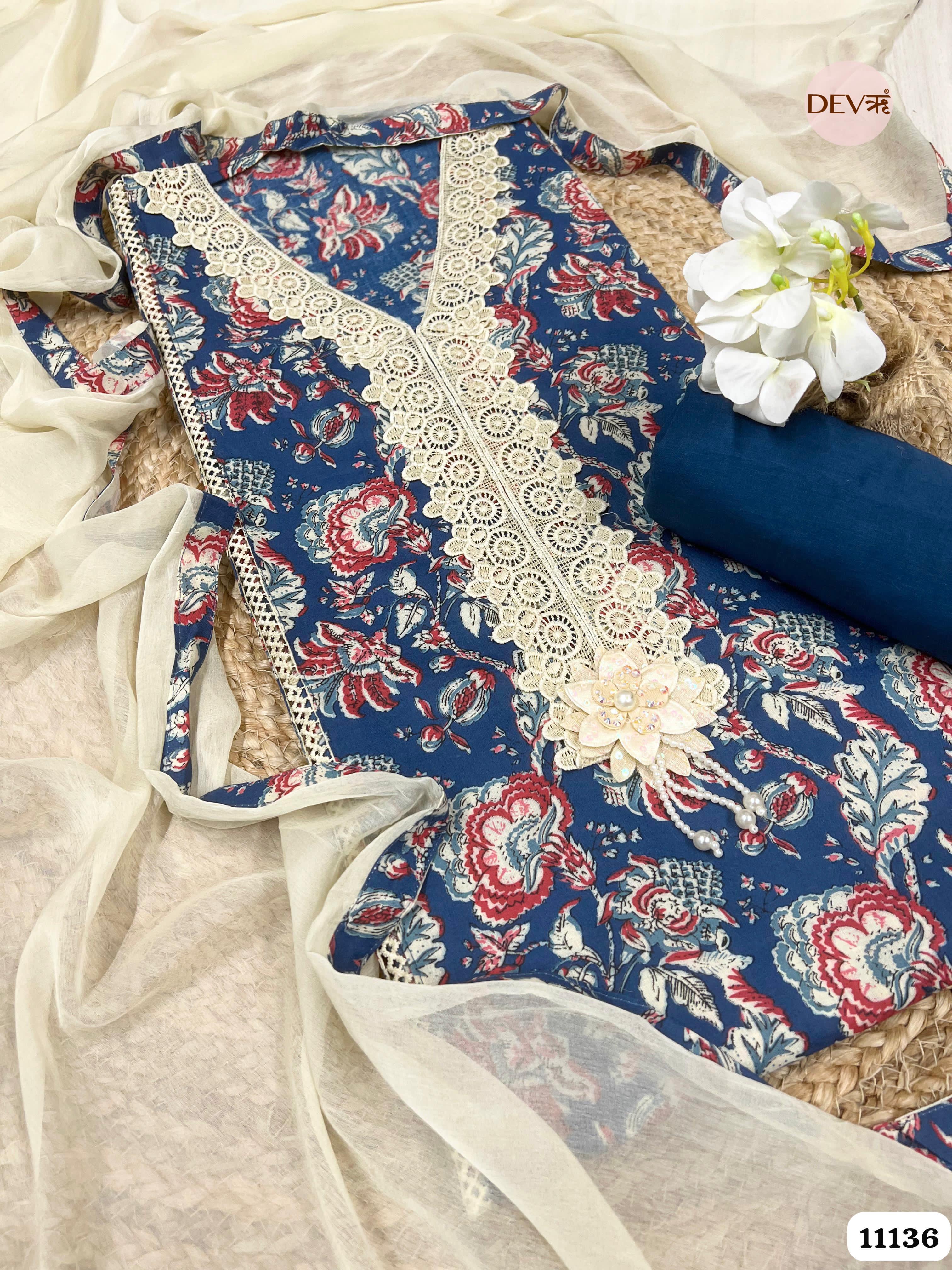 Blue Cotton Unstitched Printed -Set Of 3 {11136}