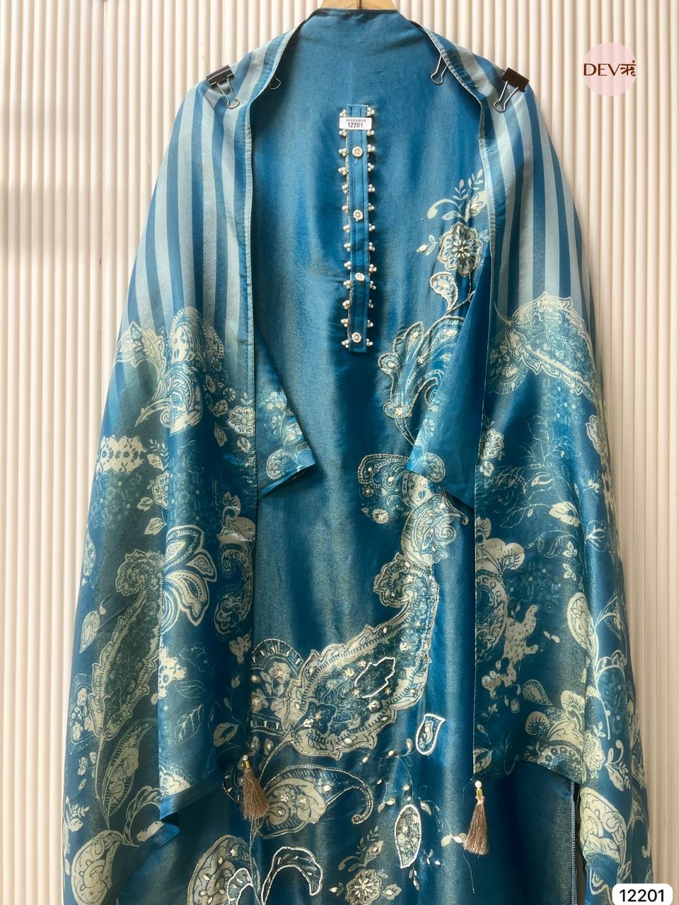 Blue Tissue Silk Unstitched Printed Hand Embroidered -Set Of 3 - {12201}