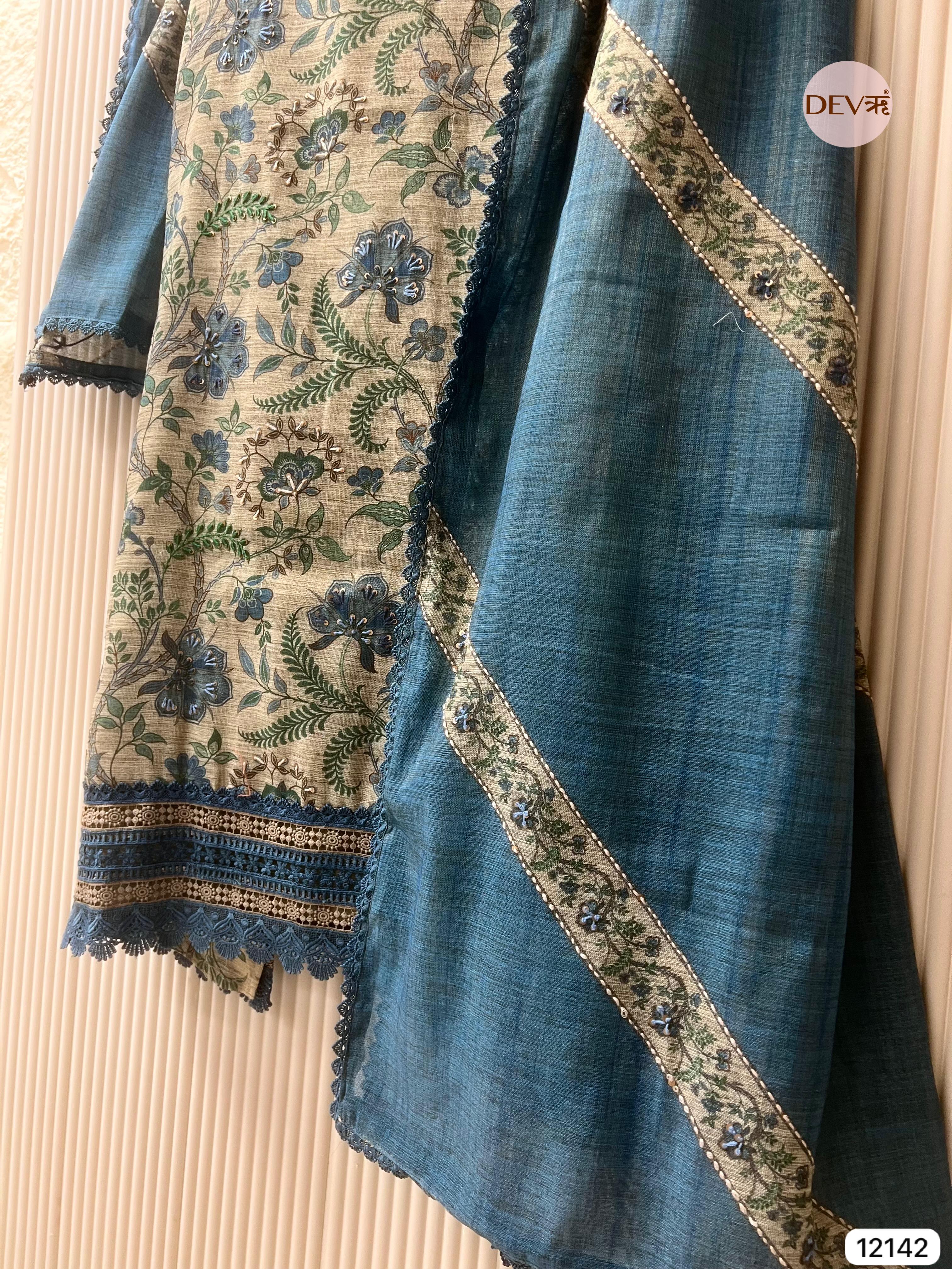 Multi Colour Pure Khadi Silk Unstitched Printed -Set Of 3 - {12142}