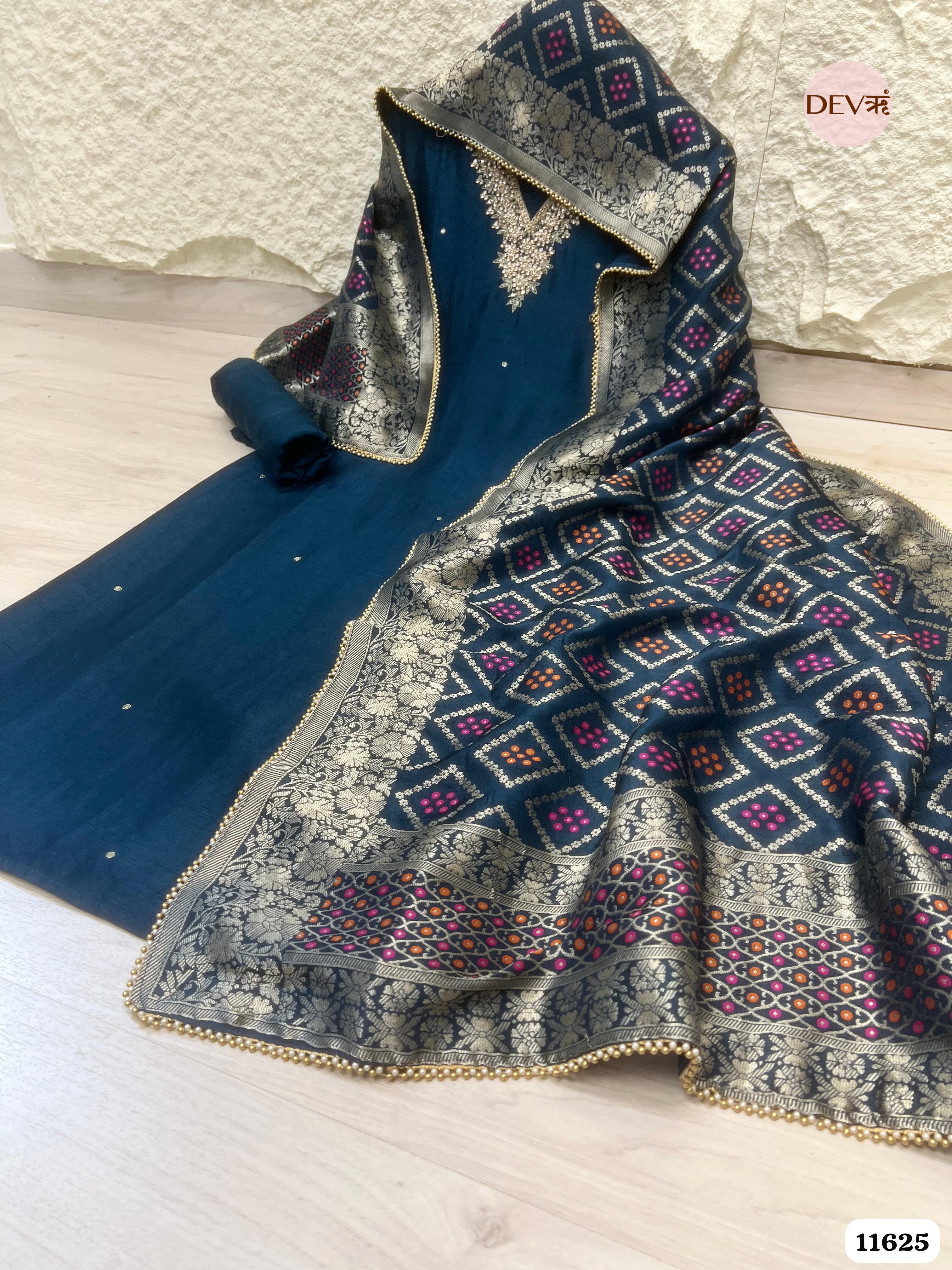 Navy Blue Pure Russian Silk Unstitched Hand Embroidered -Set Of 3 {11625}