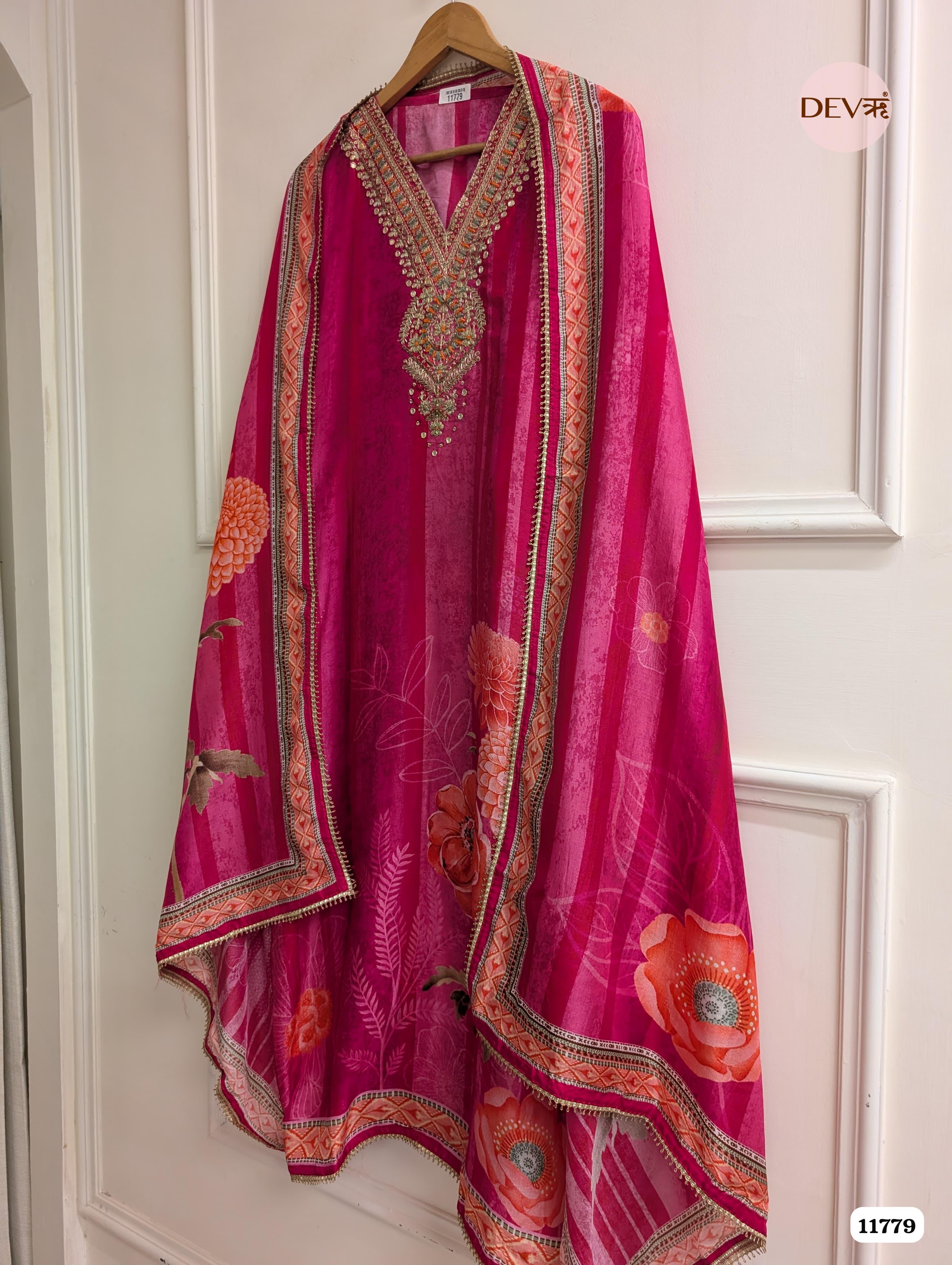 Rose Pink Russian Silk Printed Unstitched Hand Embroidered -Set Of 3 {11779}