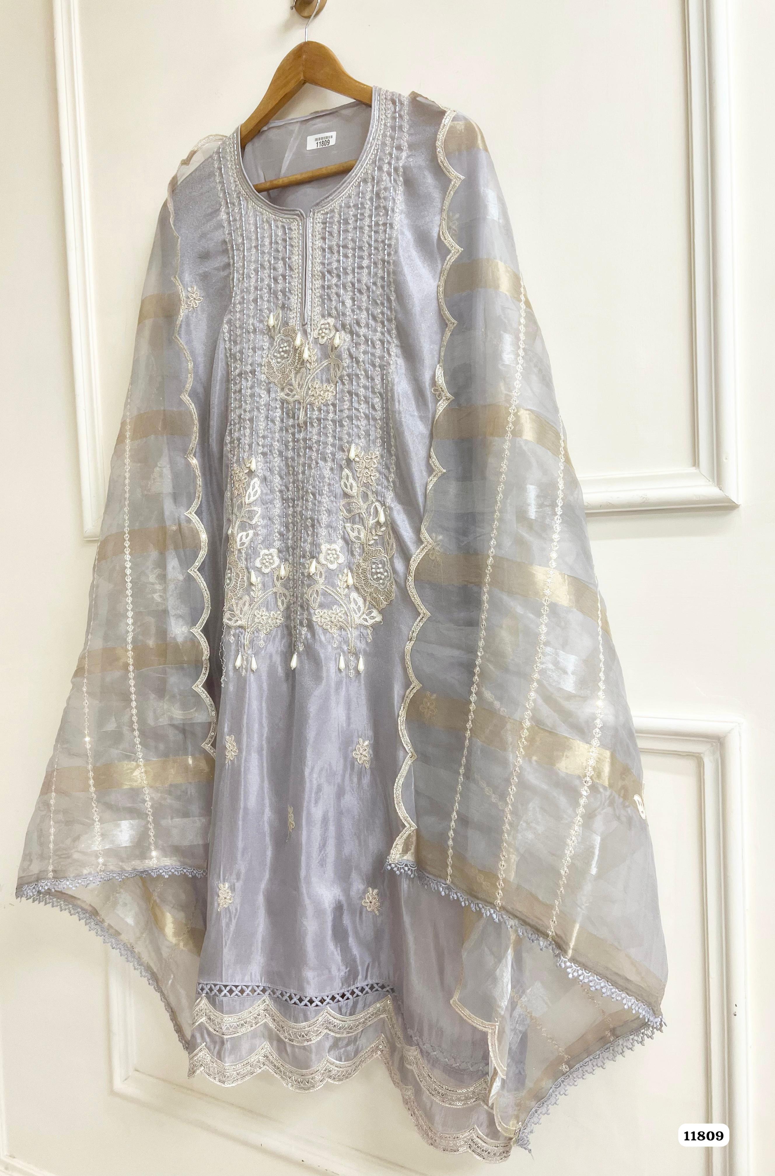 Light Grey Tissue silk unstitched Hand Embroidered -Set Of 3 {11809}