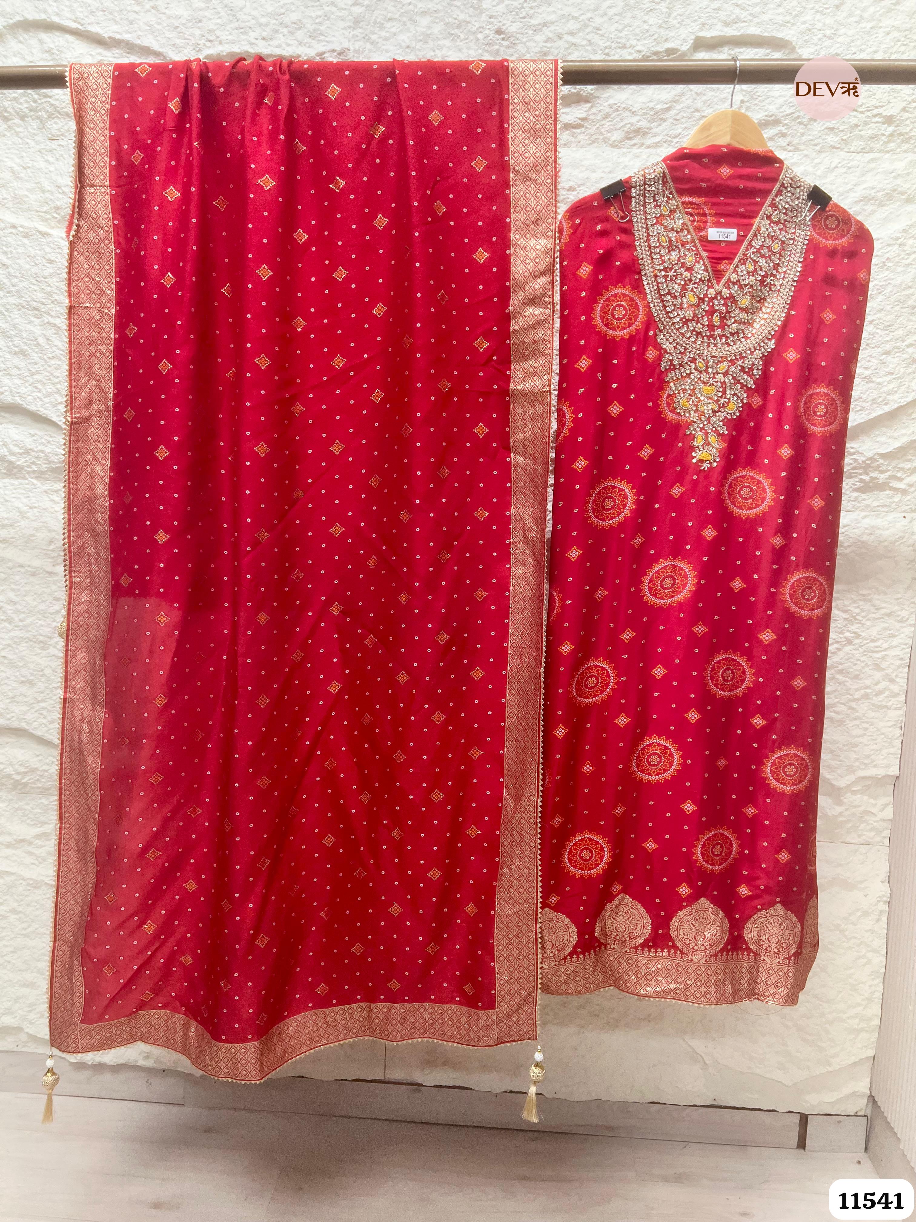 Red Pure Russian Silk Banarasi Woven Unstitched Hand Embroidered -Set Of 3 {11541}