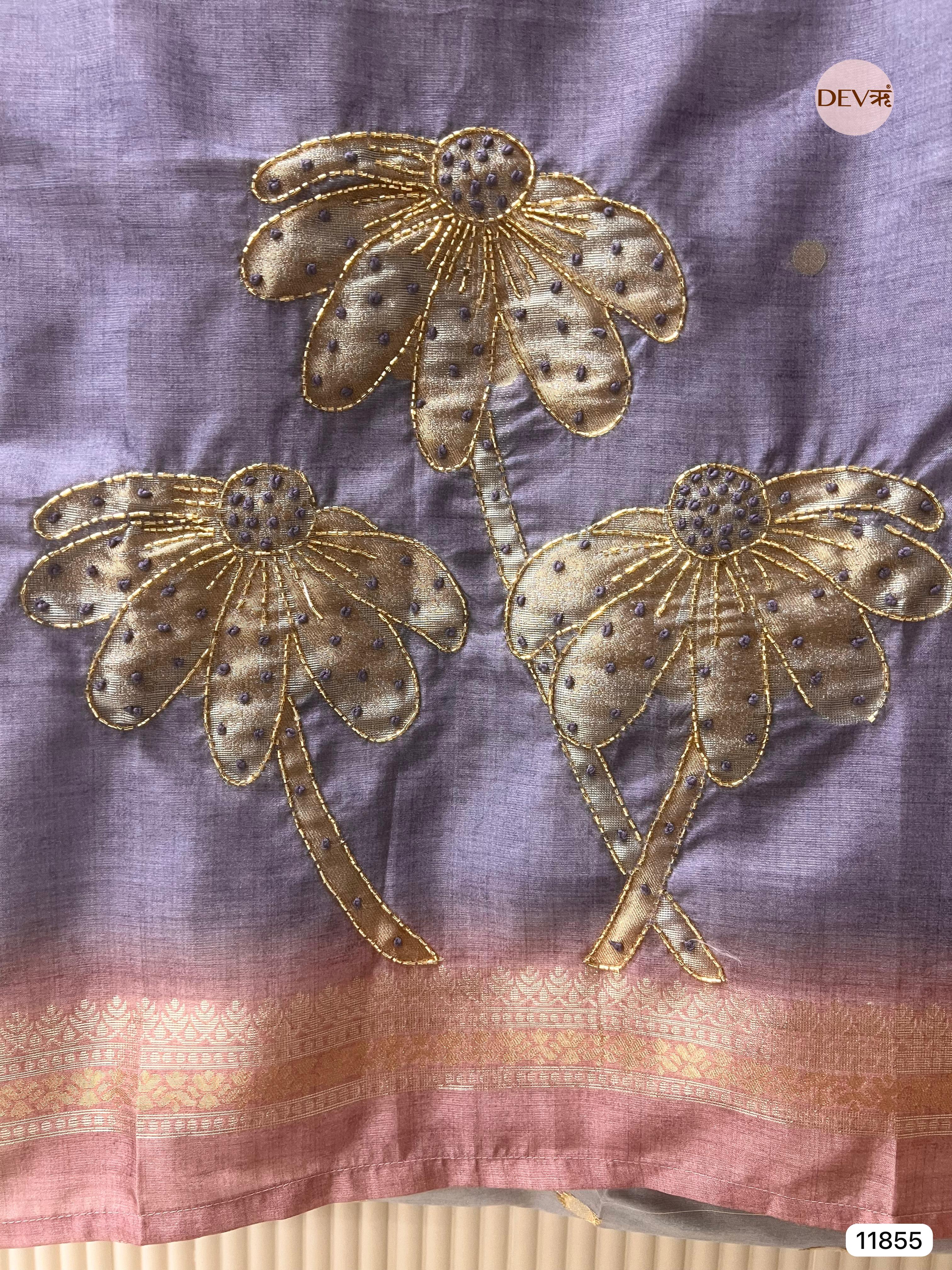 Purple Banarasi silk unstitched woven hand embroidered -Set Of 3- {11855}