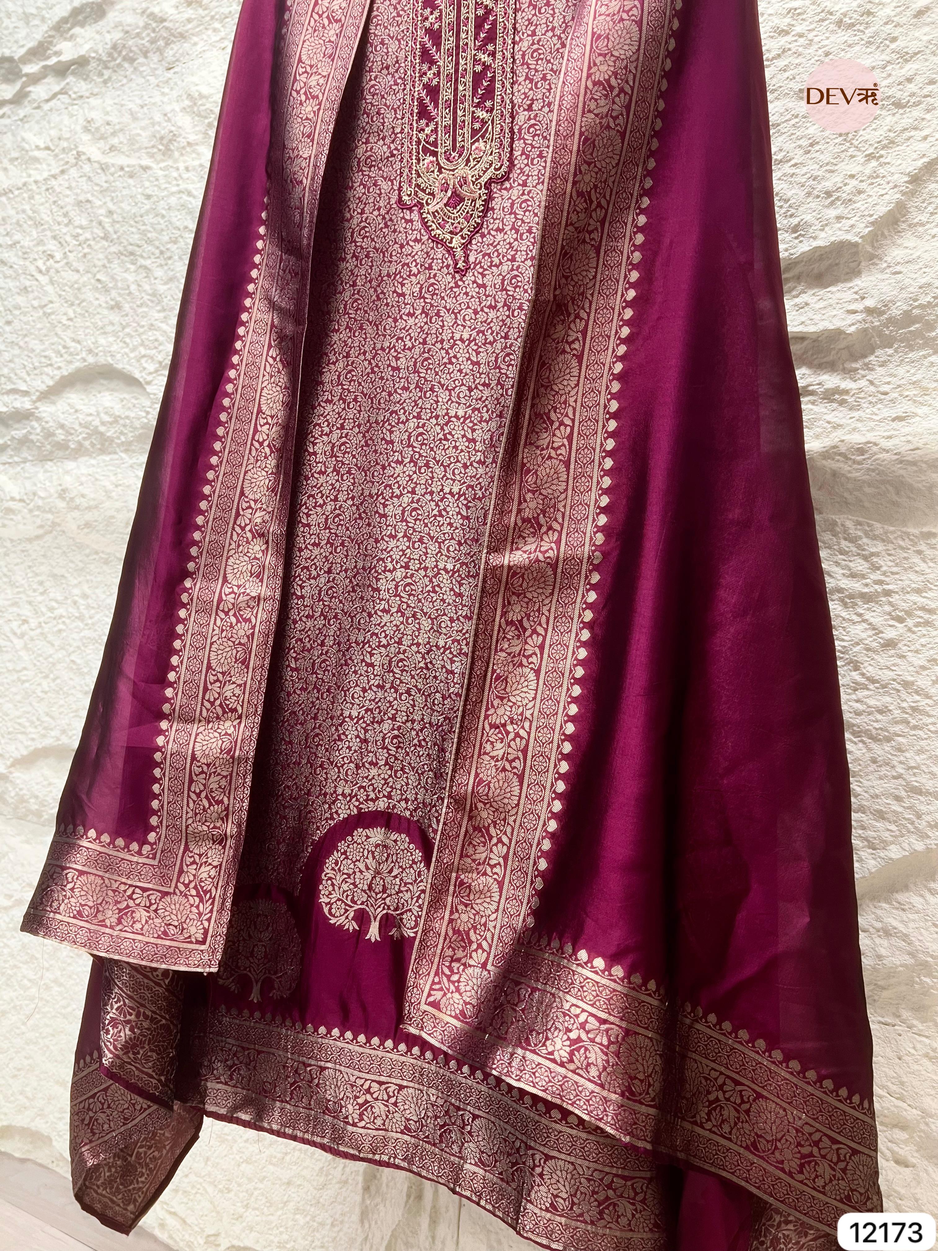 Dark Magenta Pure Banarasi silk Unstitched Hand Embroidered -Set Of 3 - {12173}