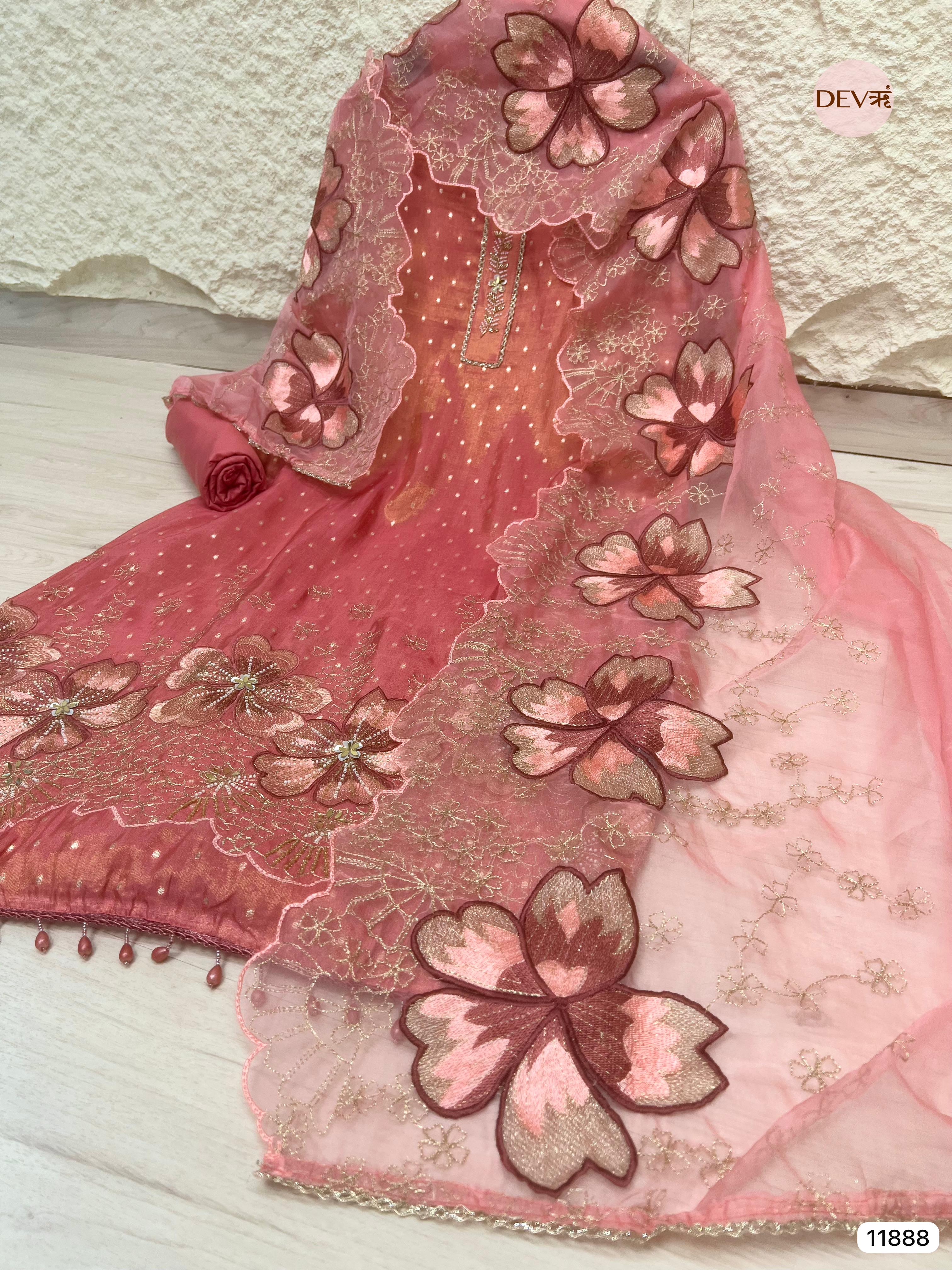 Peach-Pink Tissue Silk Unstitched Embroidered -Set Of 3 - {11888}