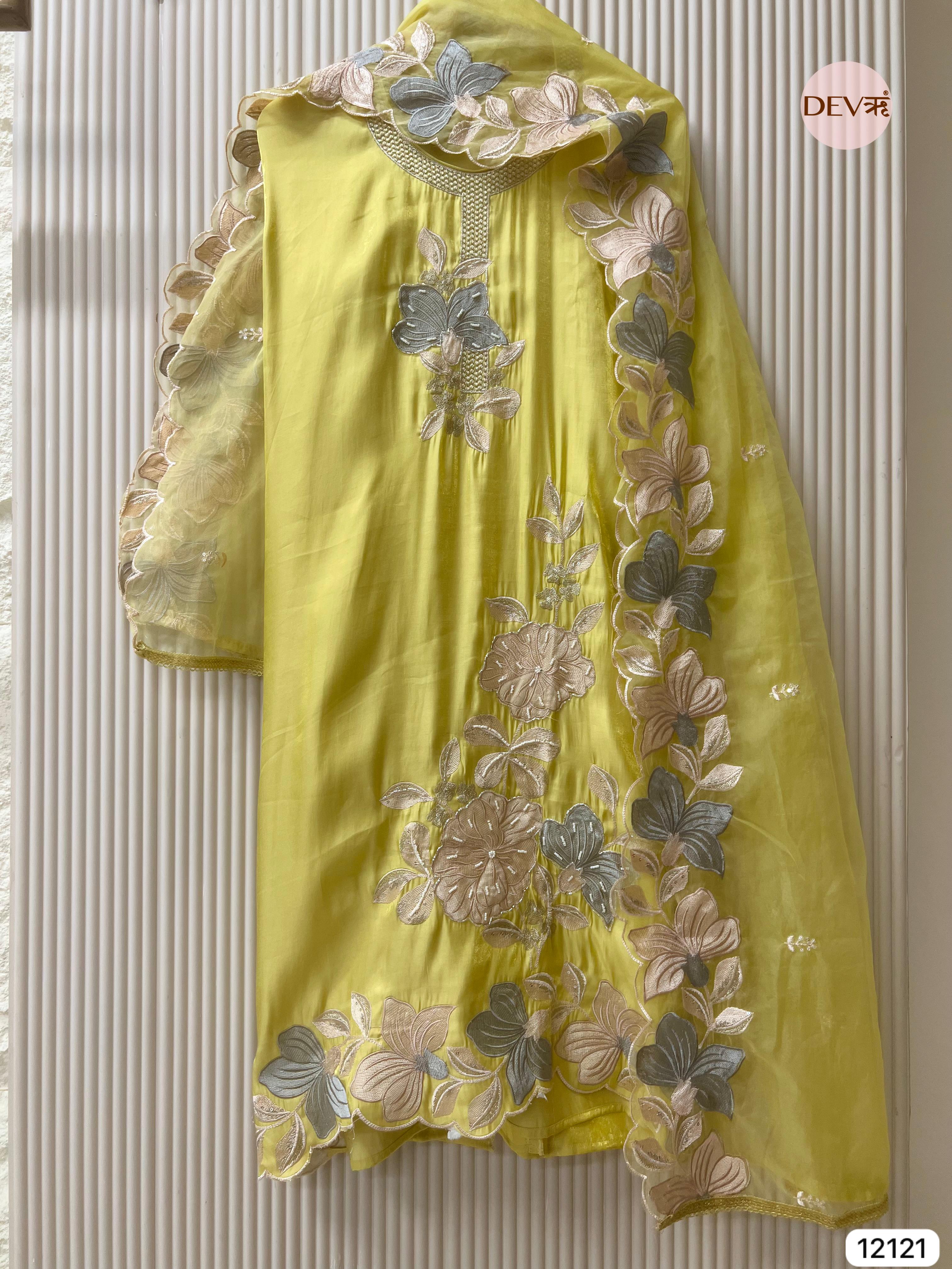 Yellow Organza Silk Unstitched Hand Embroidered -Set Of 3 - {12121}