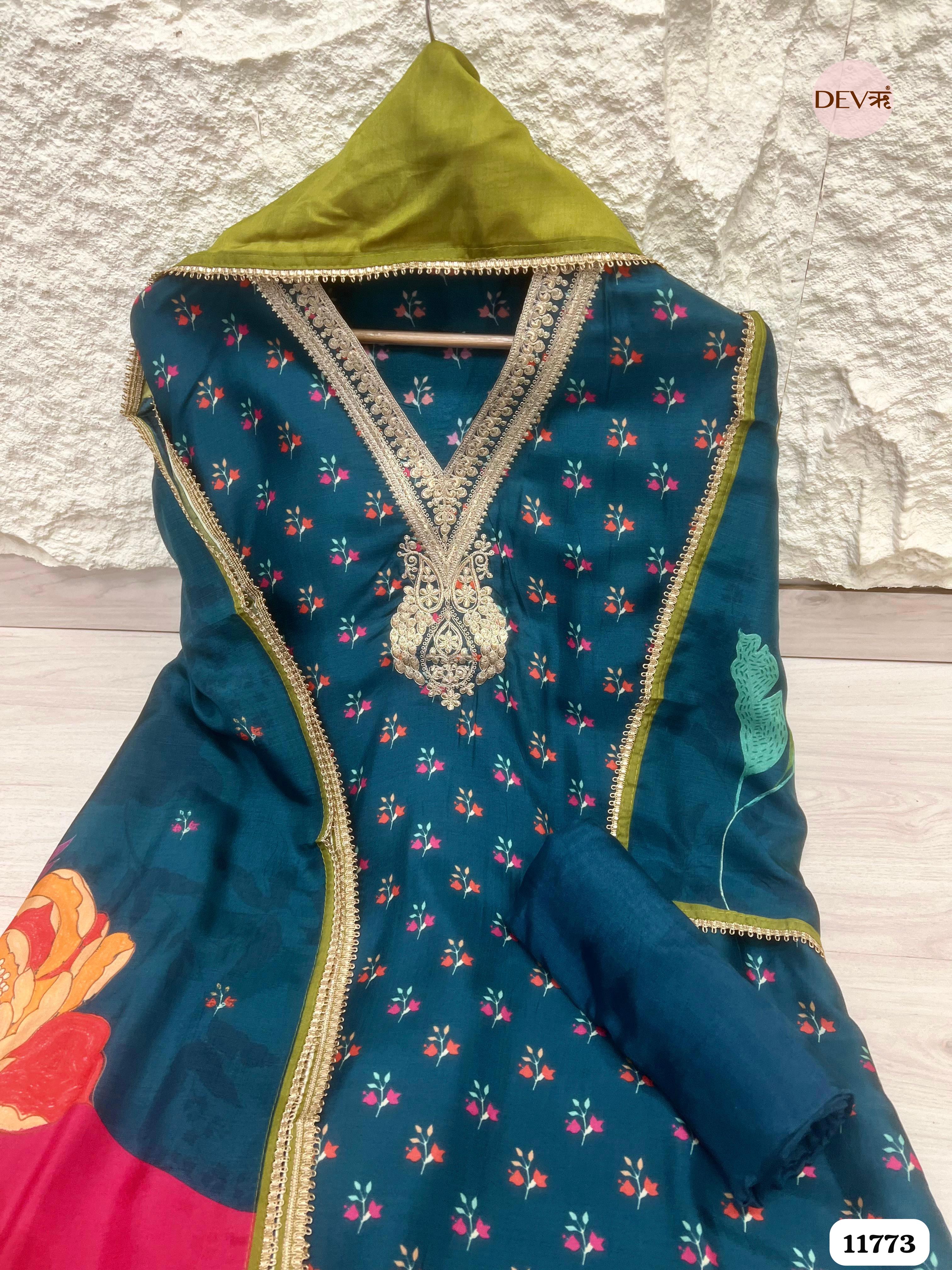 Royal Blue Russian Silk Unstitched Printed Embroidered -Set Of 3 {11773}
