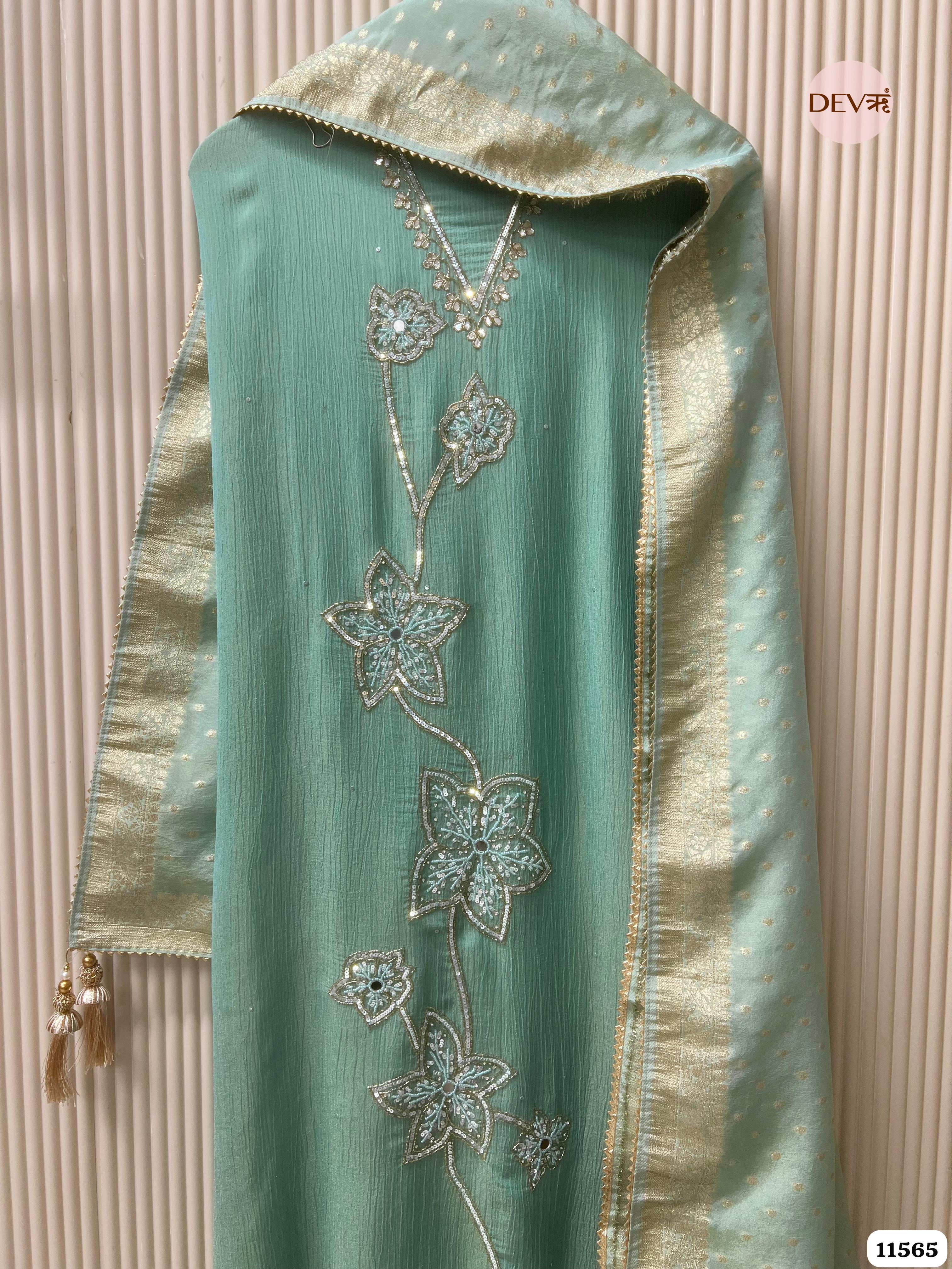 Seafoam Green Pure Chinon Unstitched Hand Embroidered -Set Of 3 {11565}