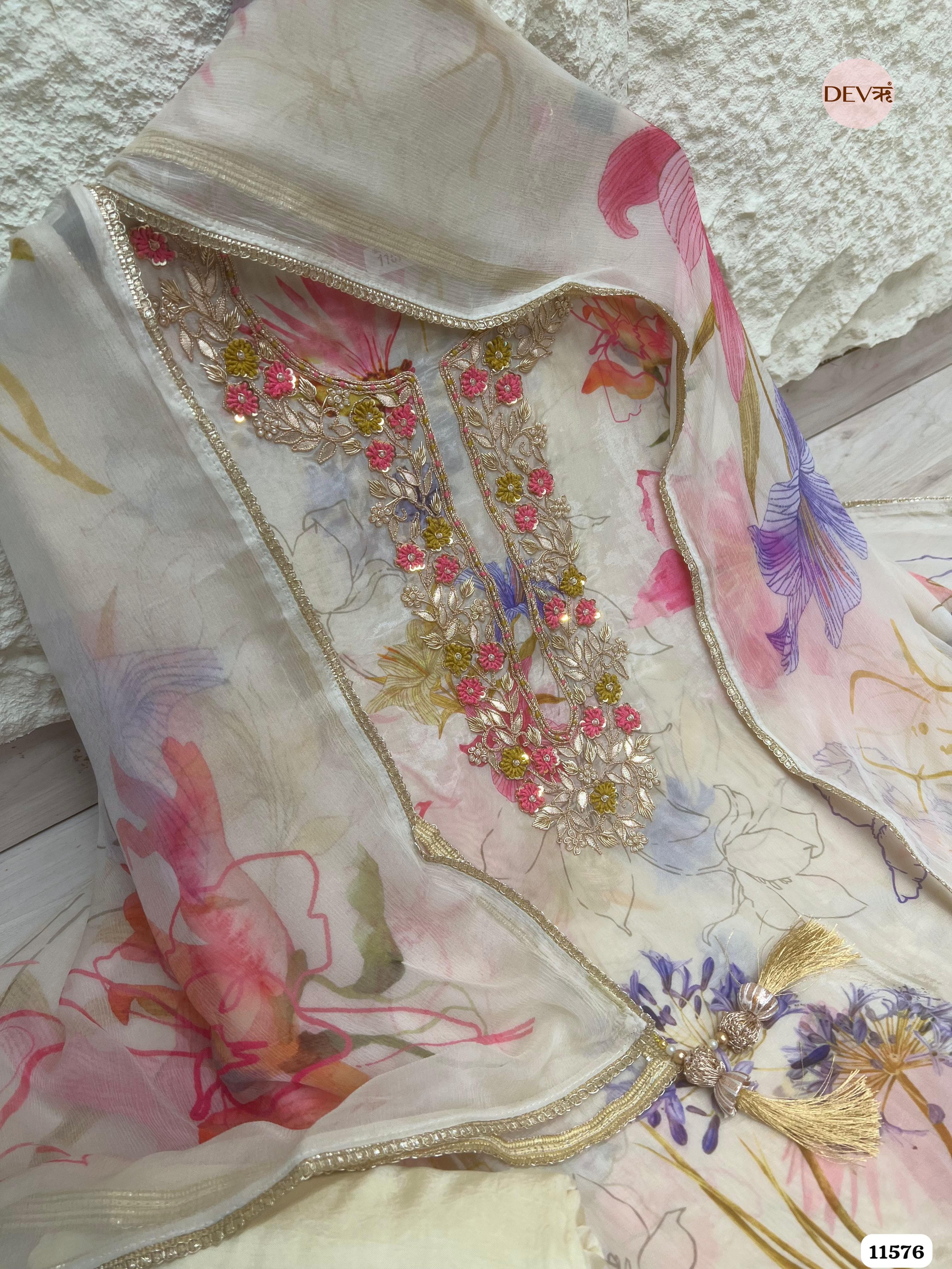 Off-White Or Cream Pure Organza Silk Unstitched Printed Hand Embroidered -Set Of 3 {11576}