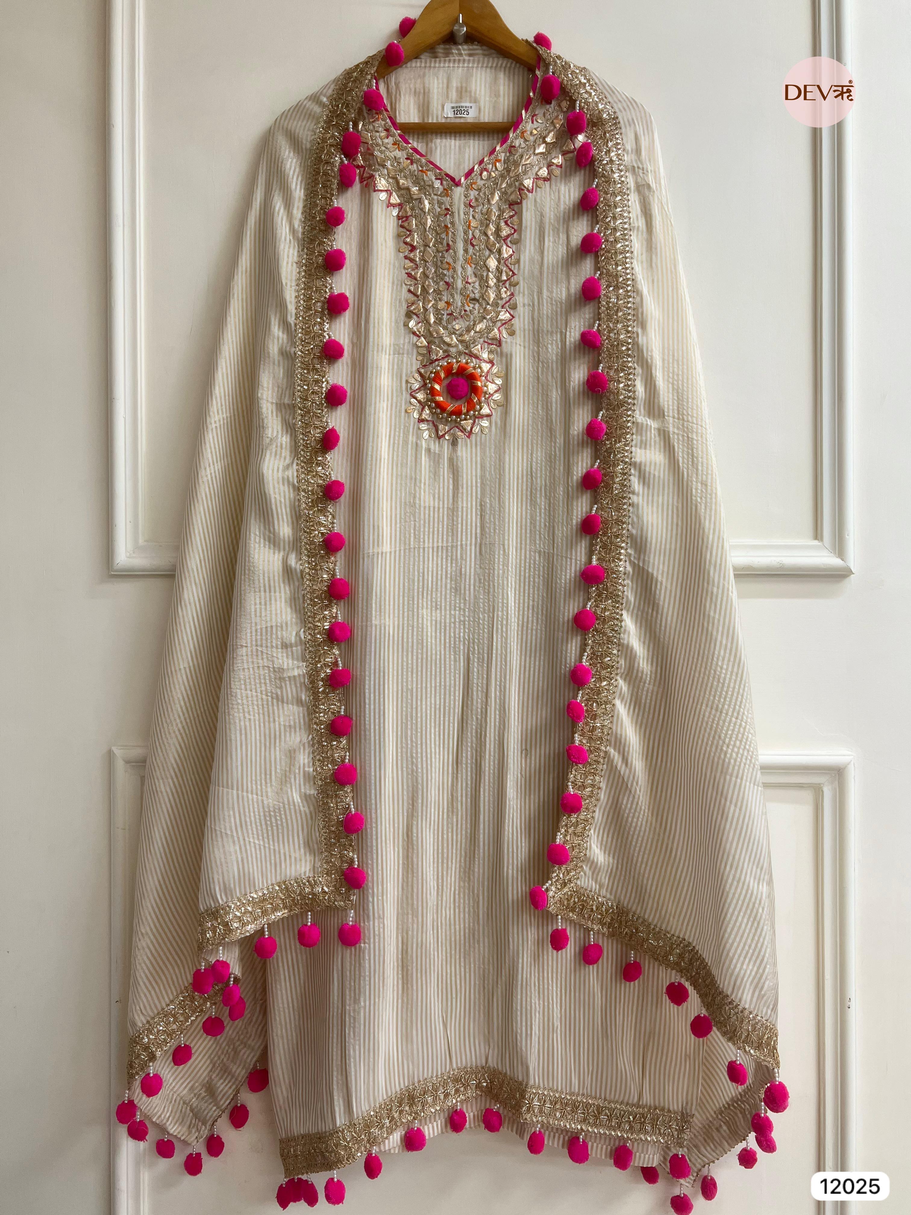 Cream colour Tissue Shimmer Silk Unstitched Gota Patti Hand Embroidered -Set Of 3 - {12025}