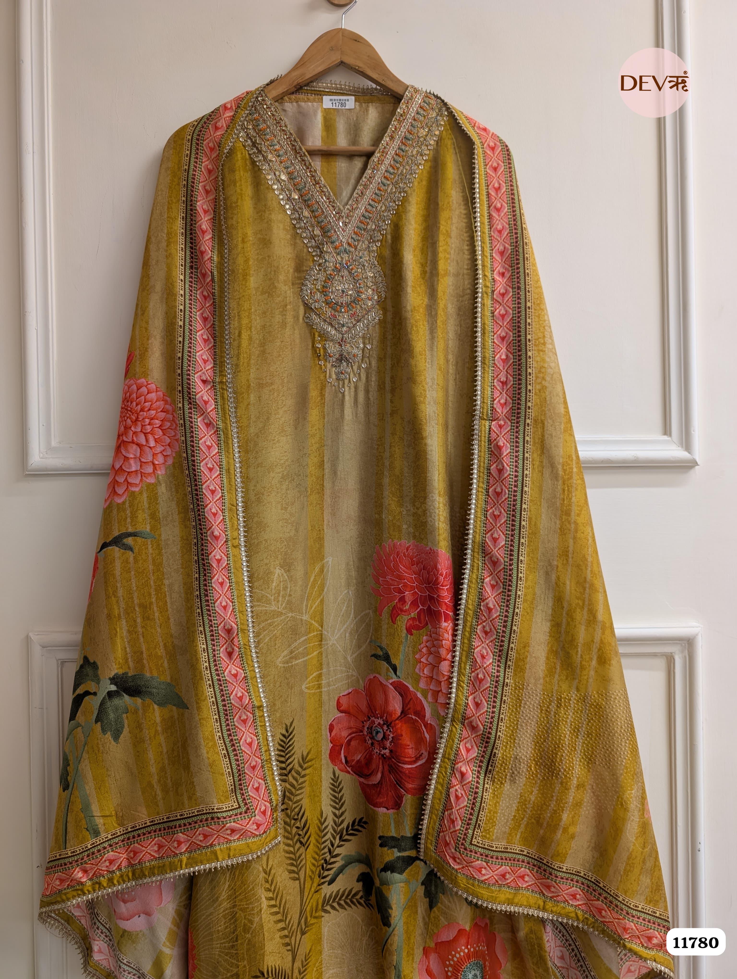 Yellow Russian Silk Printed Unstitched Hand Embroidered -Set Of 3 {11780}