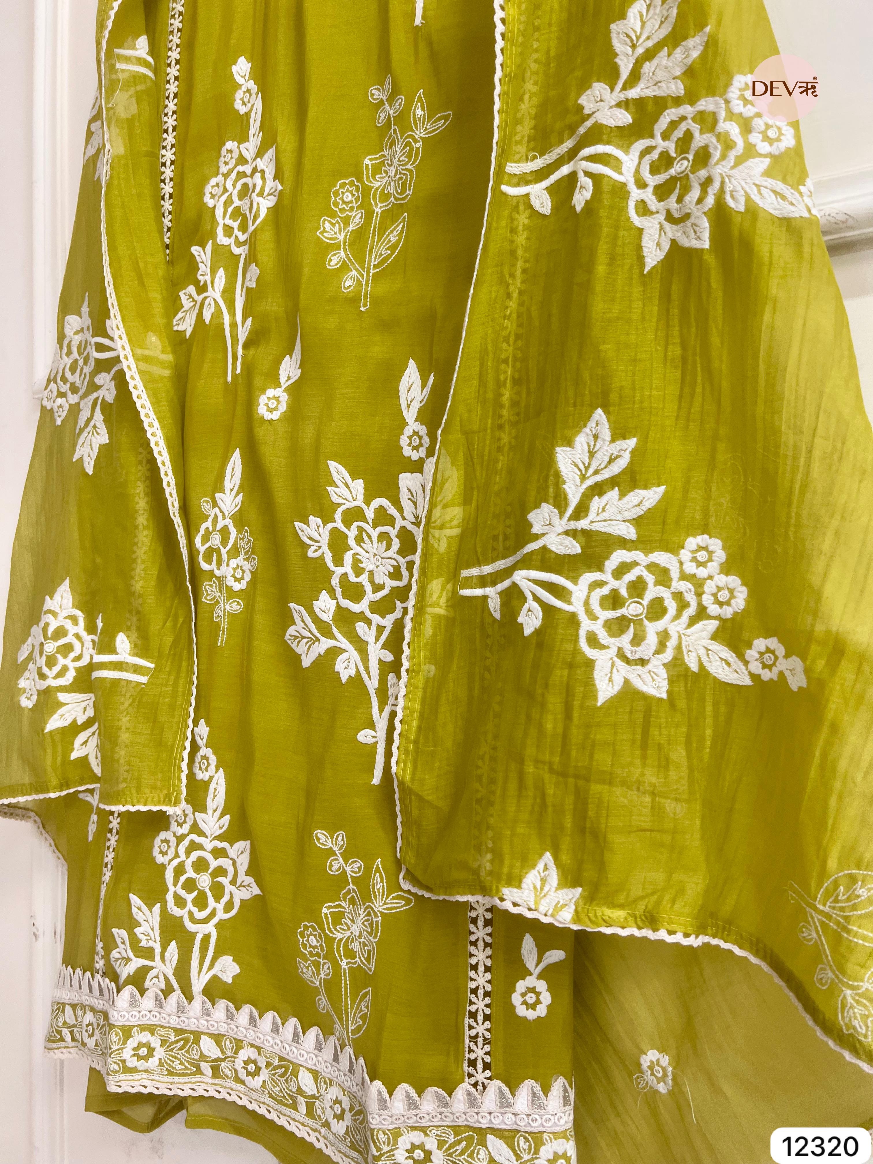 Olive Green Mul Chanderi Embroidered Unstitched 3-Piece Suit (Devri – D.No 12320)