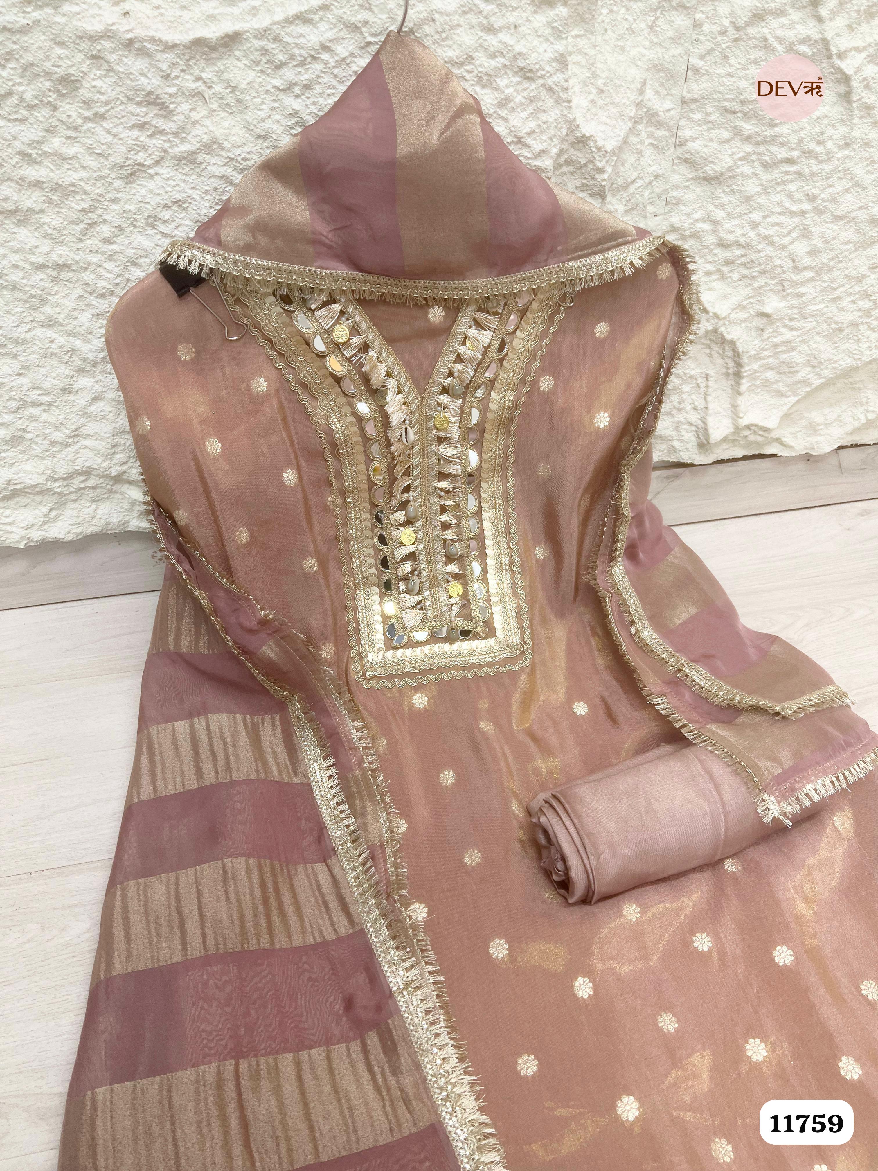 Beige Tissue Silk Unstitched Hand Embroidered -Set Of 3 {11759}