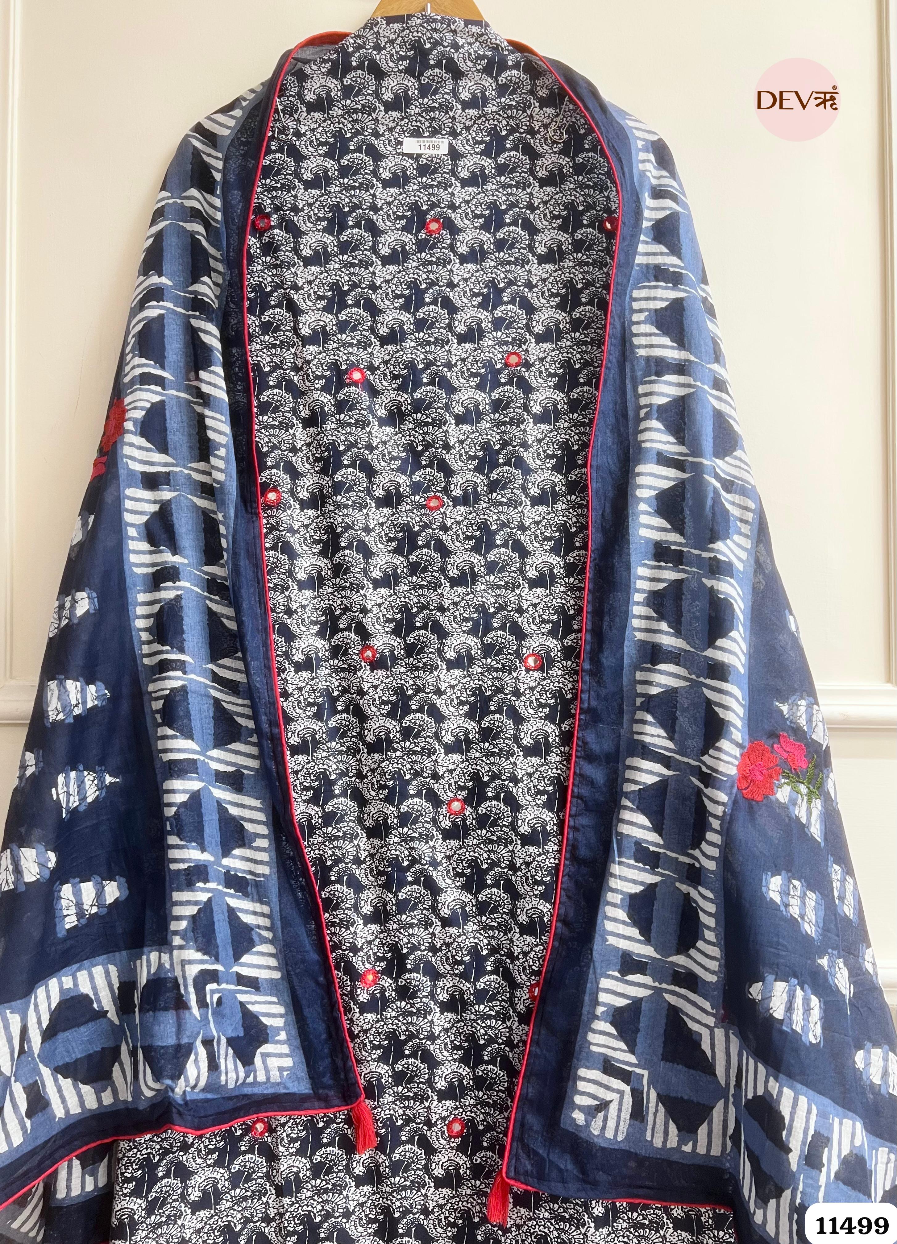 Dark Blue Mul Cotton Unstitched Printed Hand Embroidered -Set Of 3 {11499}