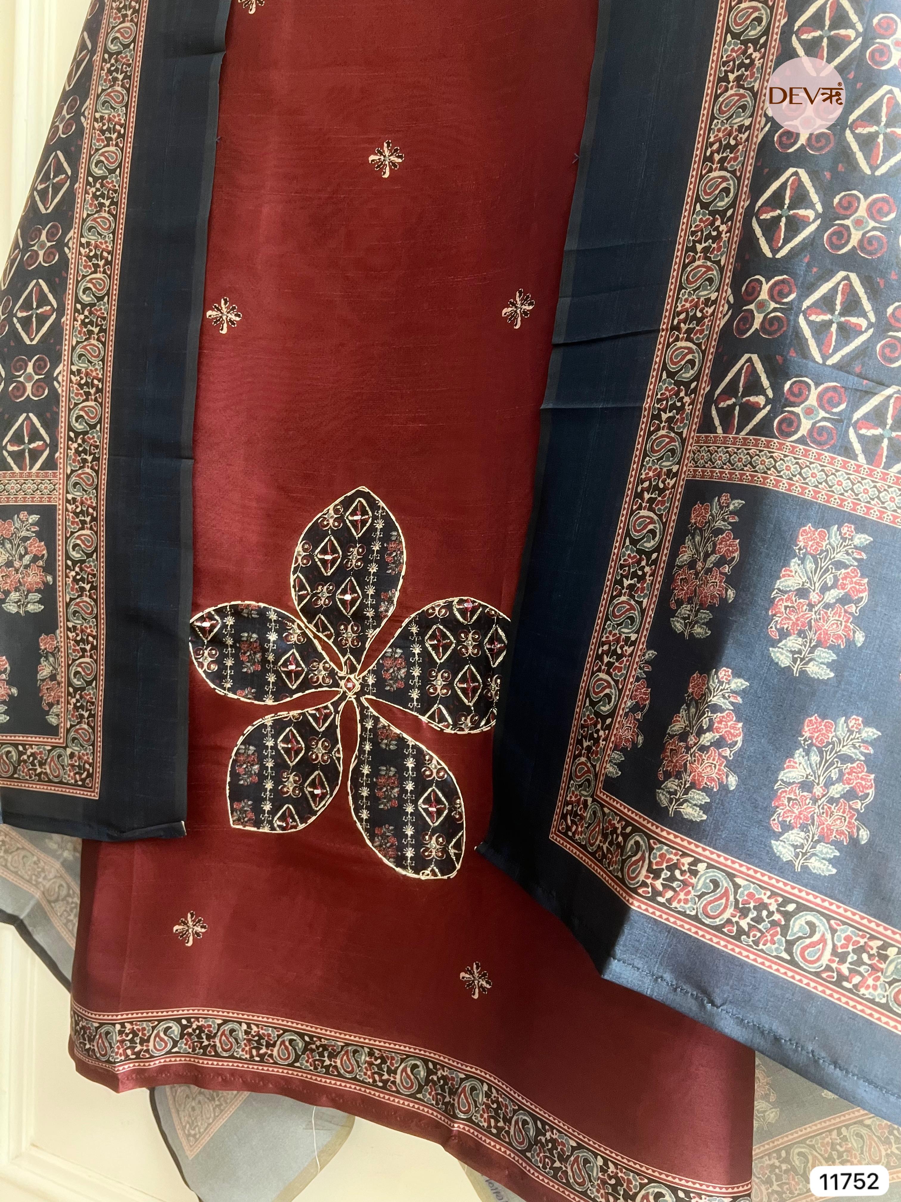 Maroon Raw Silk Unstitched Hand Applique Work Embroidered -Set Of 3 - {11752}