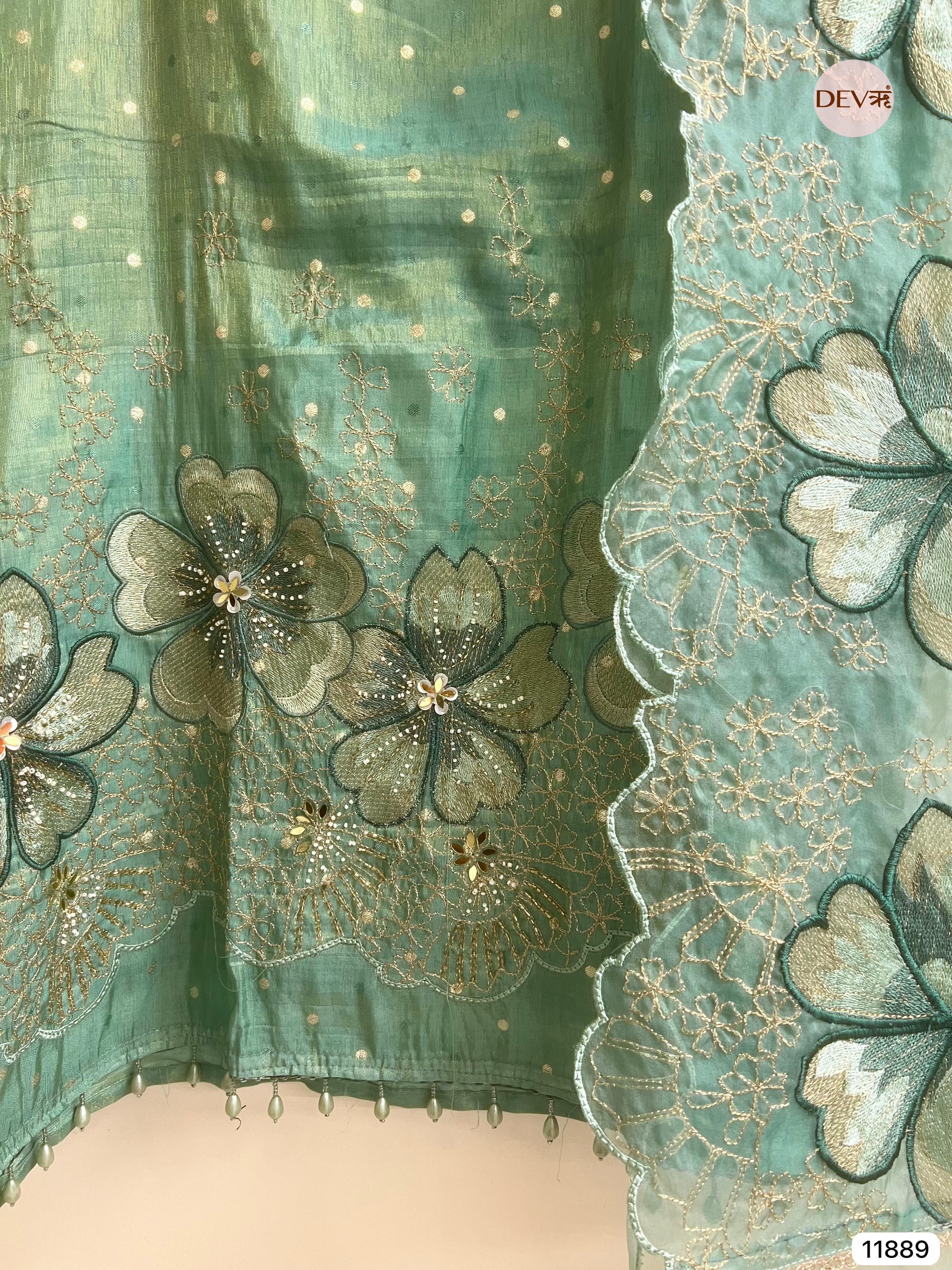 Green Tissue Silk Unstitched Embroidered -Set Of 3- {11889}