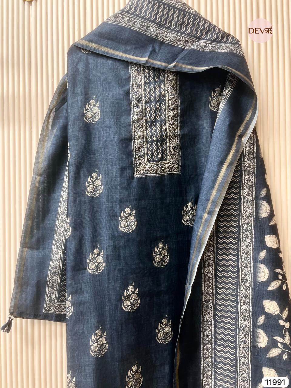 Navy Mul Chanderi Printed Unstitched 3-Piece Suit (Devri – D.No 11991)