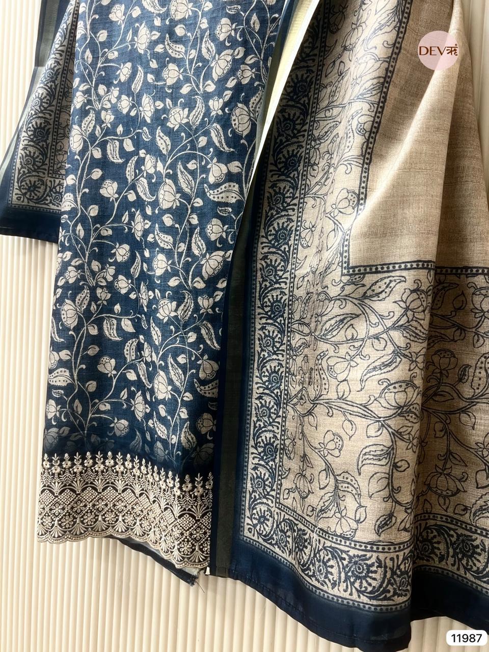 Blue Pure Tusser Silk Printed Unstitched 3-Piece Suit (Devri – D.No 11987)