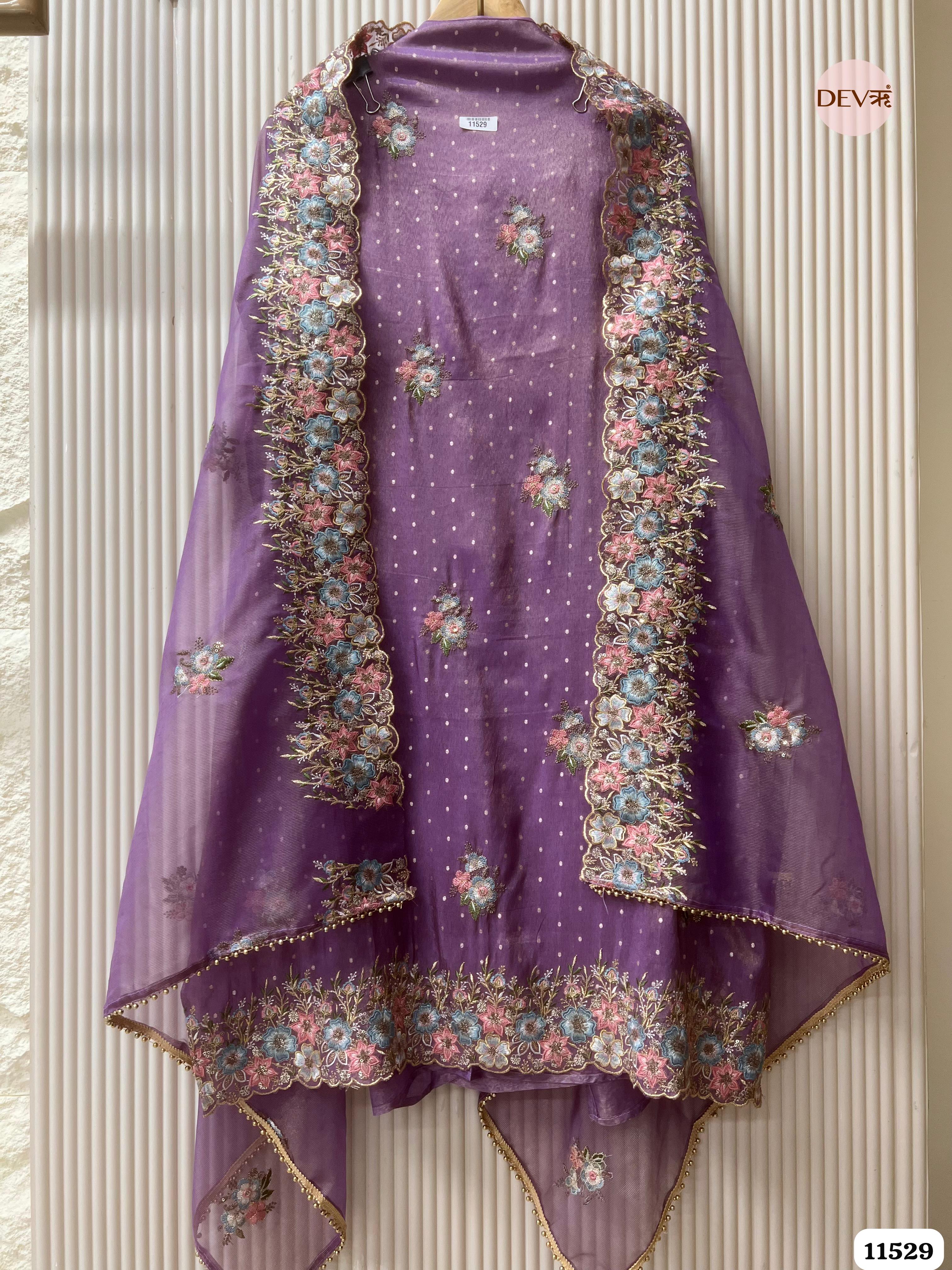 Purple Tissue Silk Unstitched Embroidered -Set Of 3 {11529}