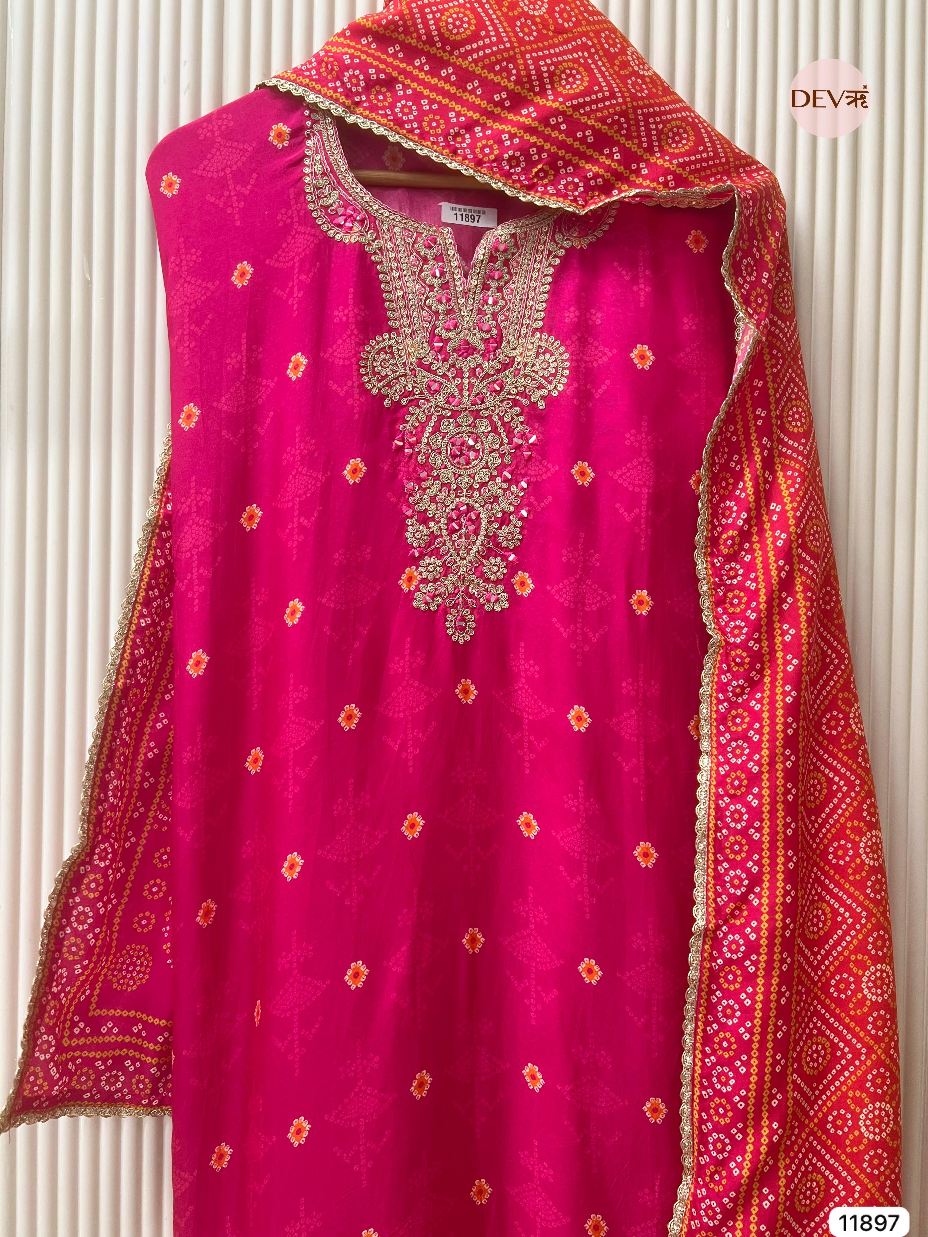 Pink Russian Silk Semi Stitched Printed Hand Embroidered -Set Of 3 - {11897}