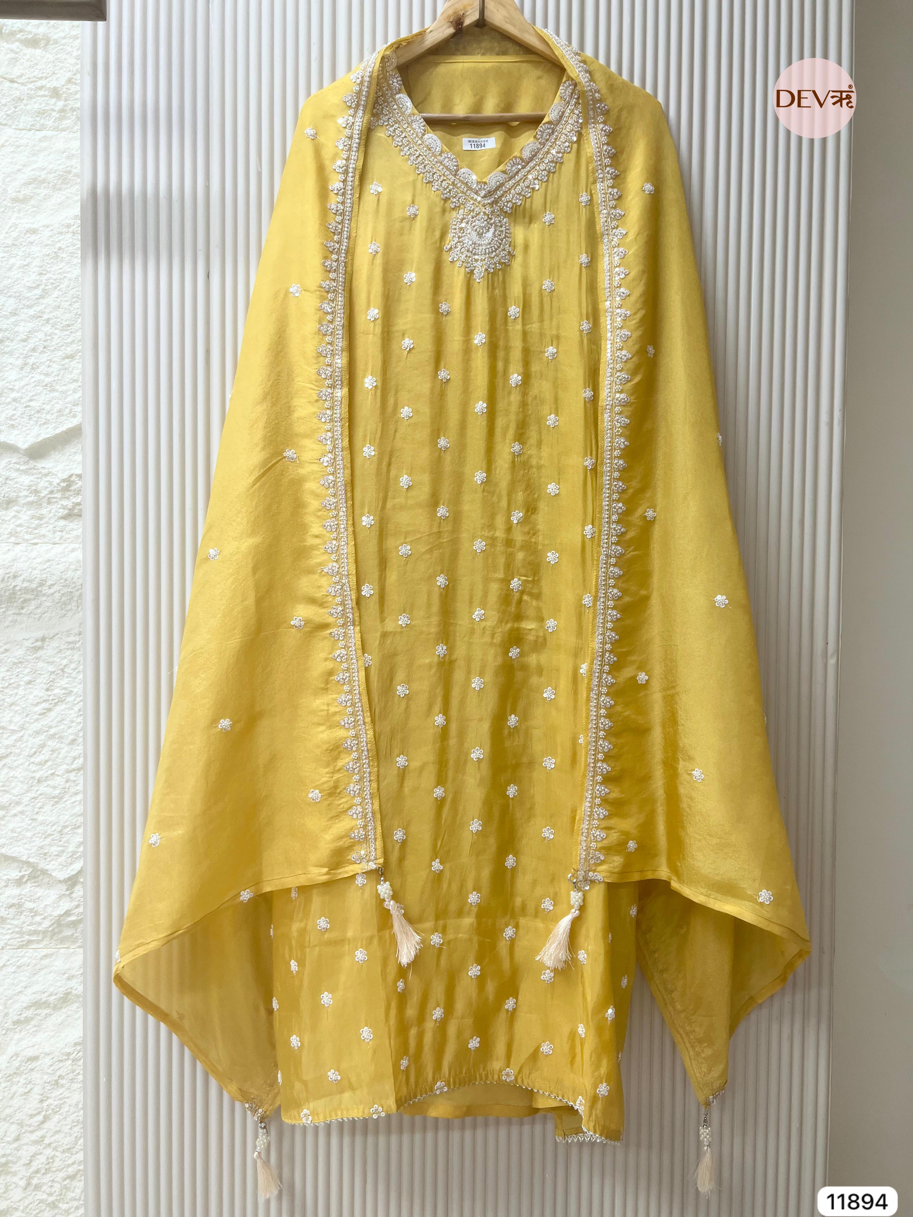 Yellow Shimmer Tissue Silk Unstitched Embroidered -Set Of 3- {11894}