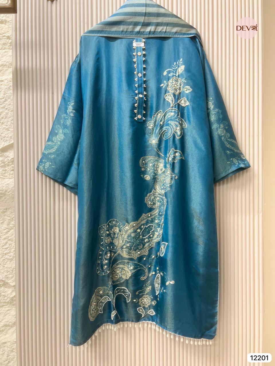 Blue Tissue Silk Unstitched Printed Hand Embroidered -Set Of 3 - {12201}