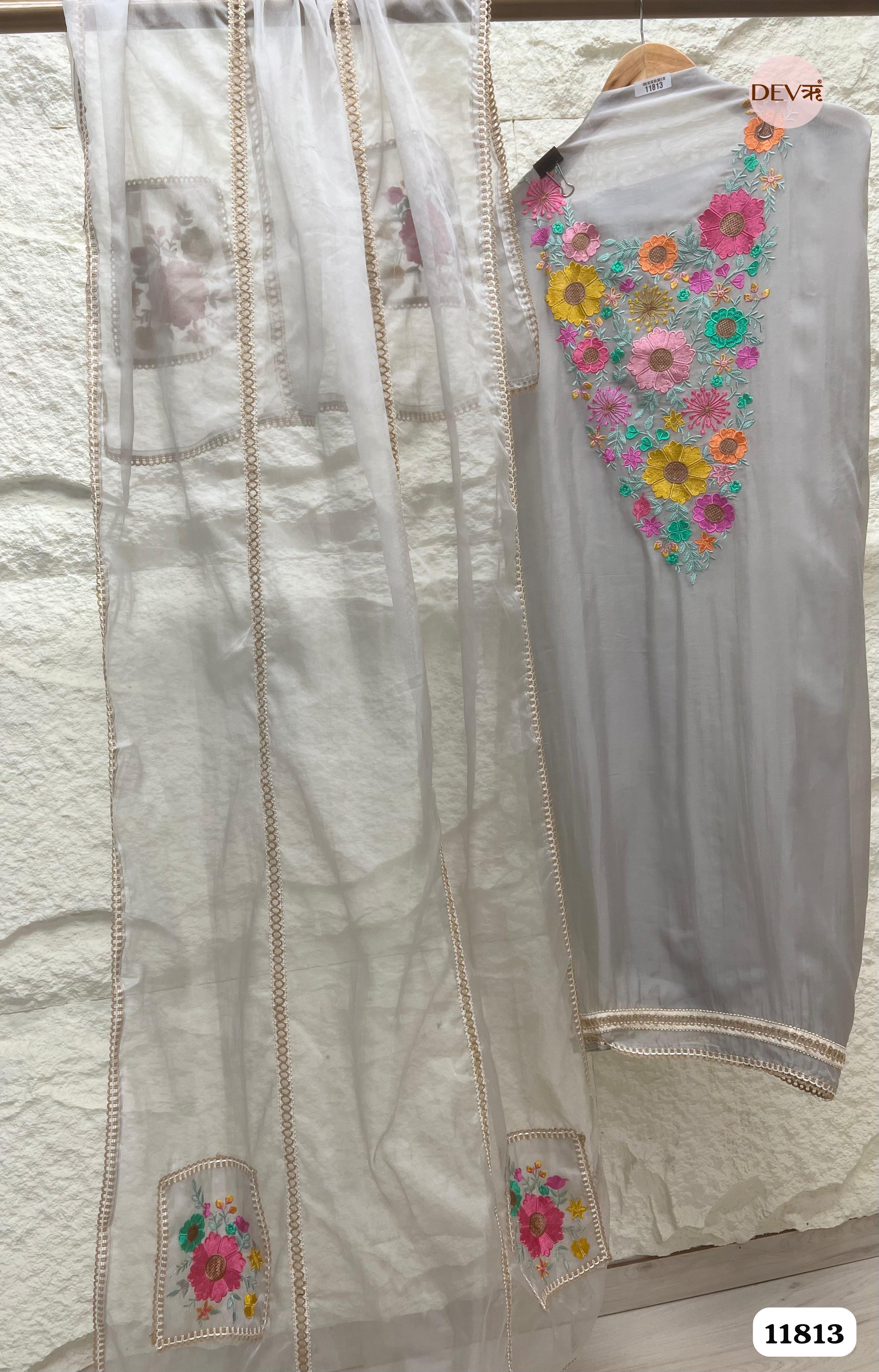 Silver Organza Unstitched Embroidered -Set Of 3 {11813}