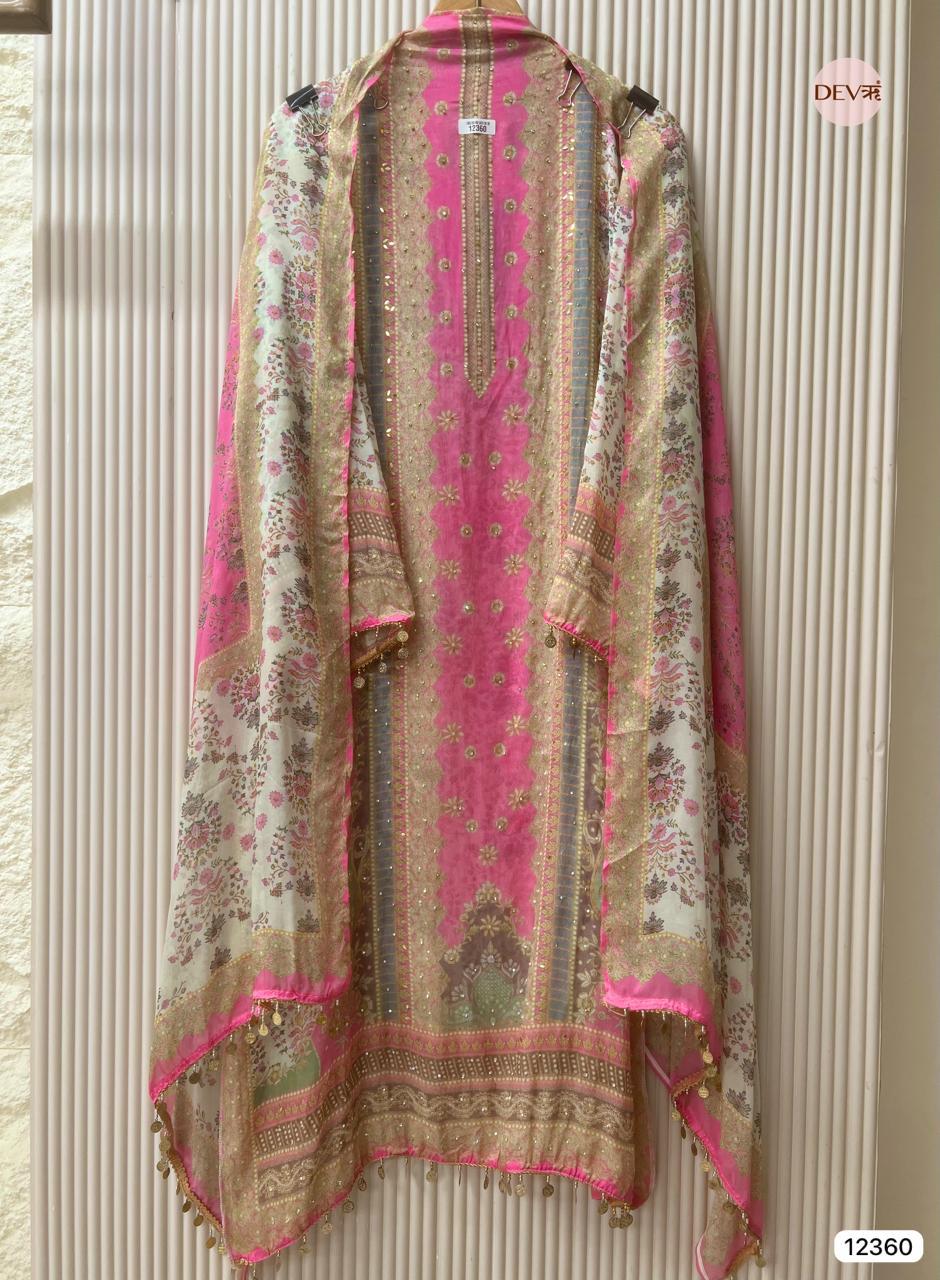 Pink Organza Printed Unstitched 3-Piece Suit (Devri – D.No 12360)