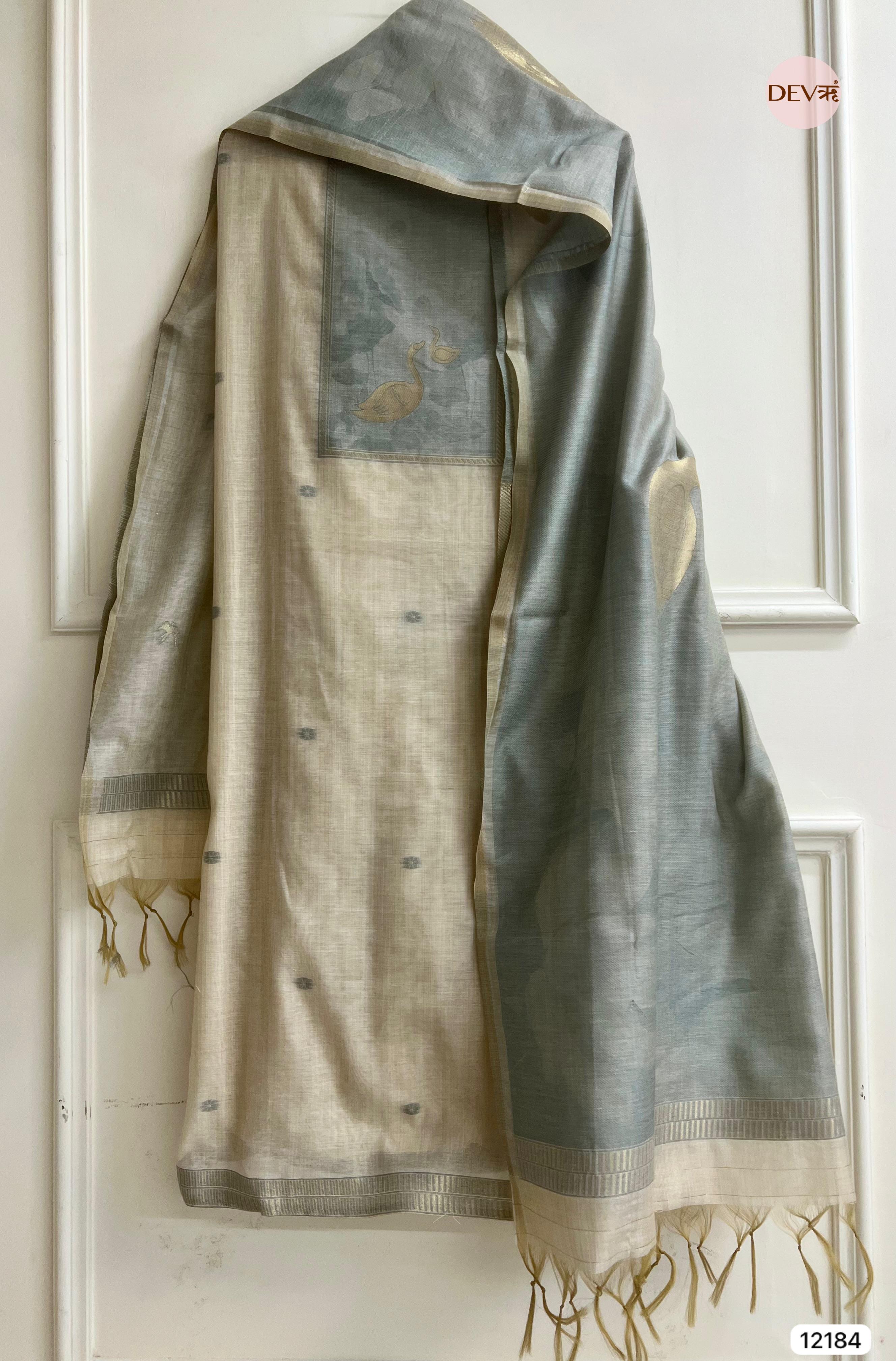 Off White Pure Jamdhani Silk Unstitched Banarasi Woven -Set Of 3 - {12184}