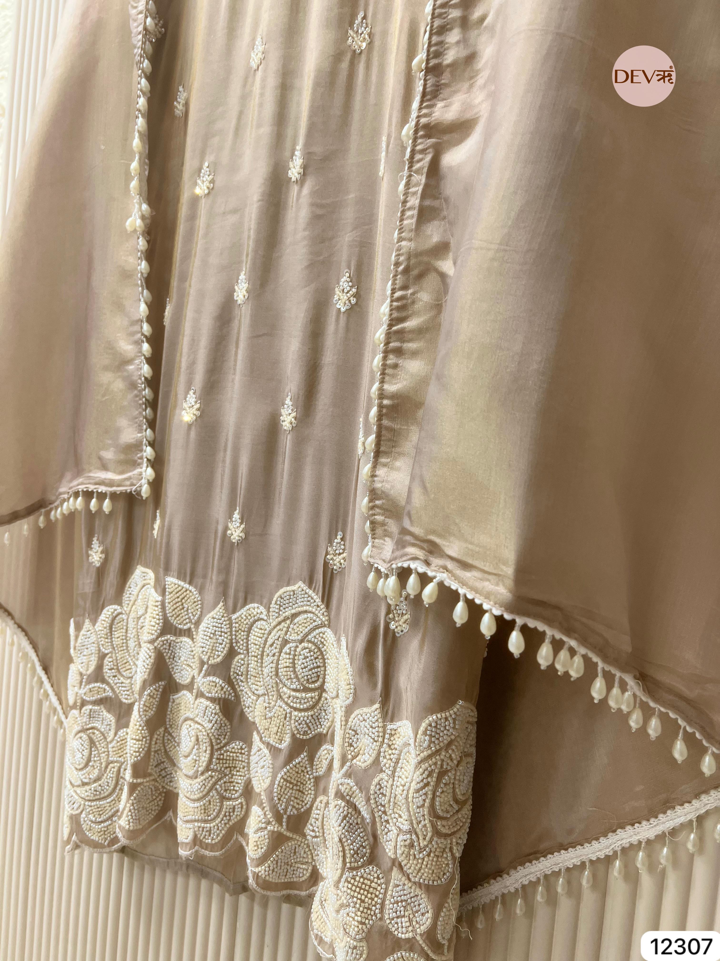 Ivory Beige Shimmer Silk Embroidered Unstitched 3-Piece Suit (Devri – D.No 12307)